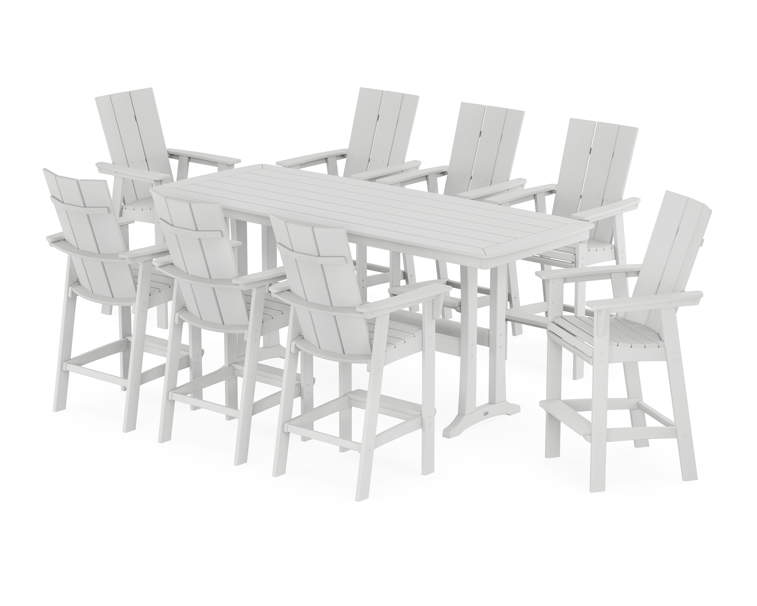 POLYWOOD Modern Curveback Adirondack 9-Piece Bar Set with Trestle Legs in White