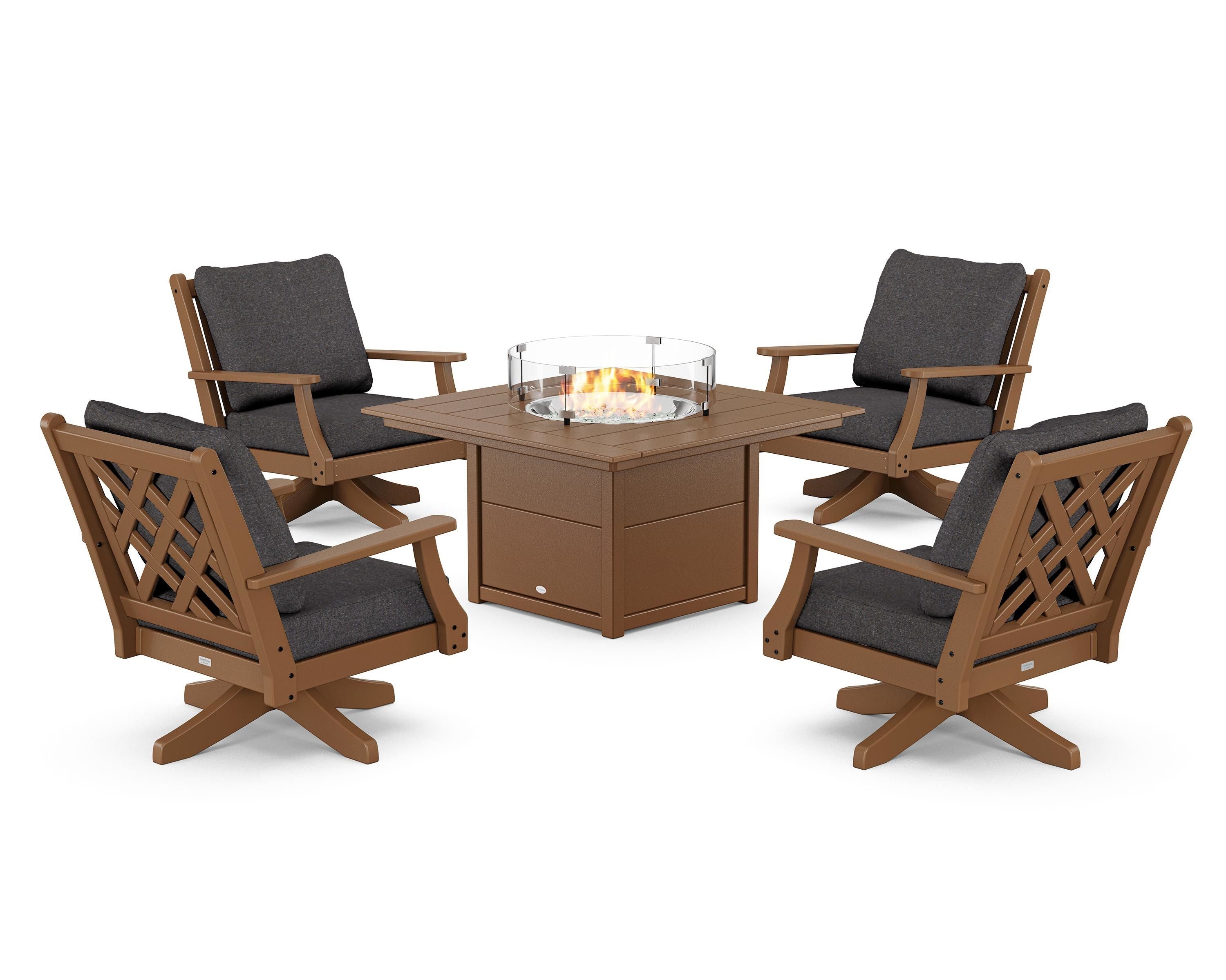 Country Living Wovendale 5-Piece Deep Seating Swivel Conversation Set with Fire Pit Table in Teak / Ash Charcoal