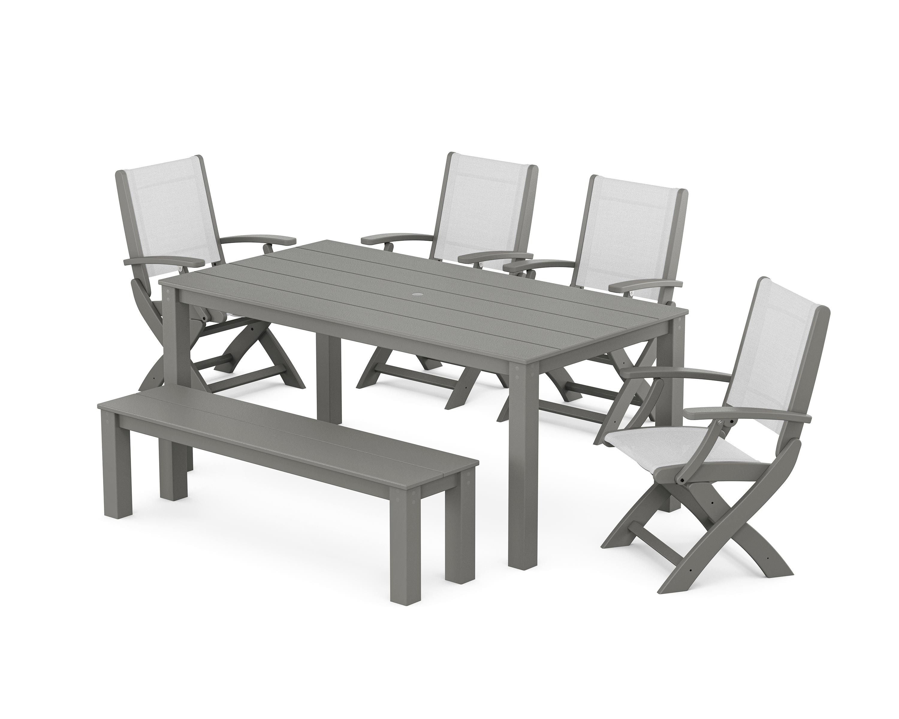 POLYWOOD Coastal Folding Chair 6-Piece Parsons Dining Set with Bench in Slate Grey / White Sling
