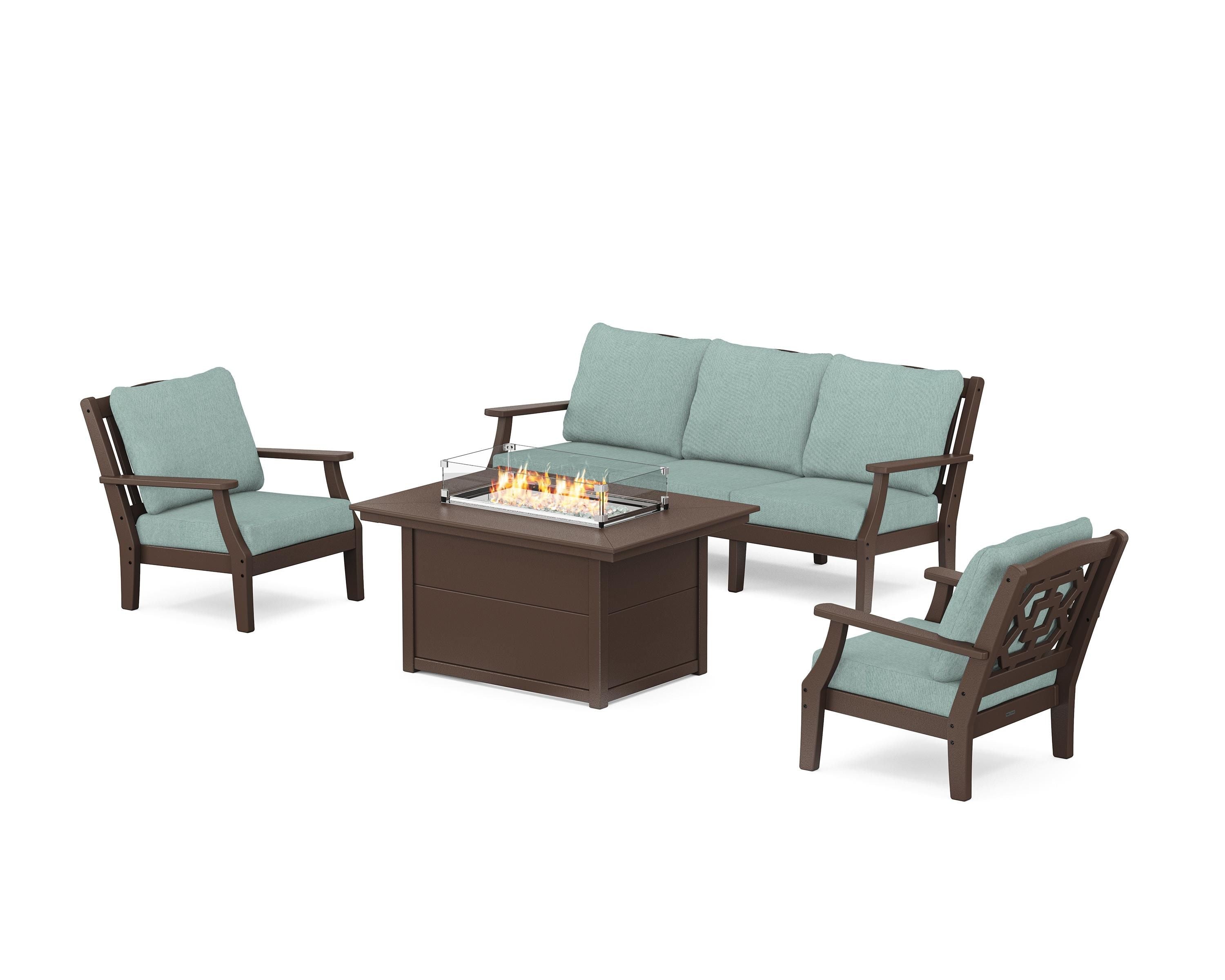 Martha Stewart by POLYWOOD Chinoiserie Deep Seating Fire Pit Table Set in Mahogany / Glacier Spa