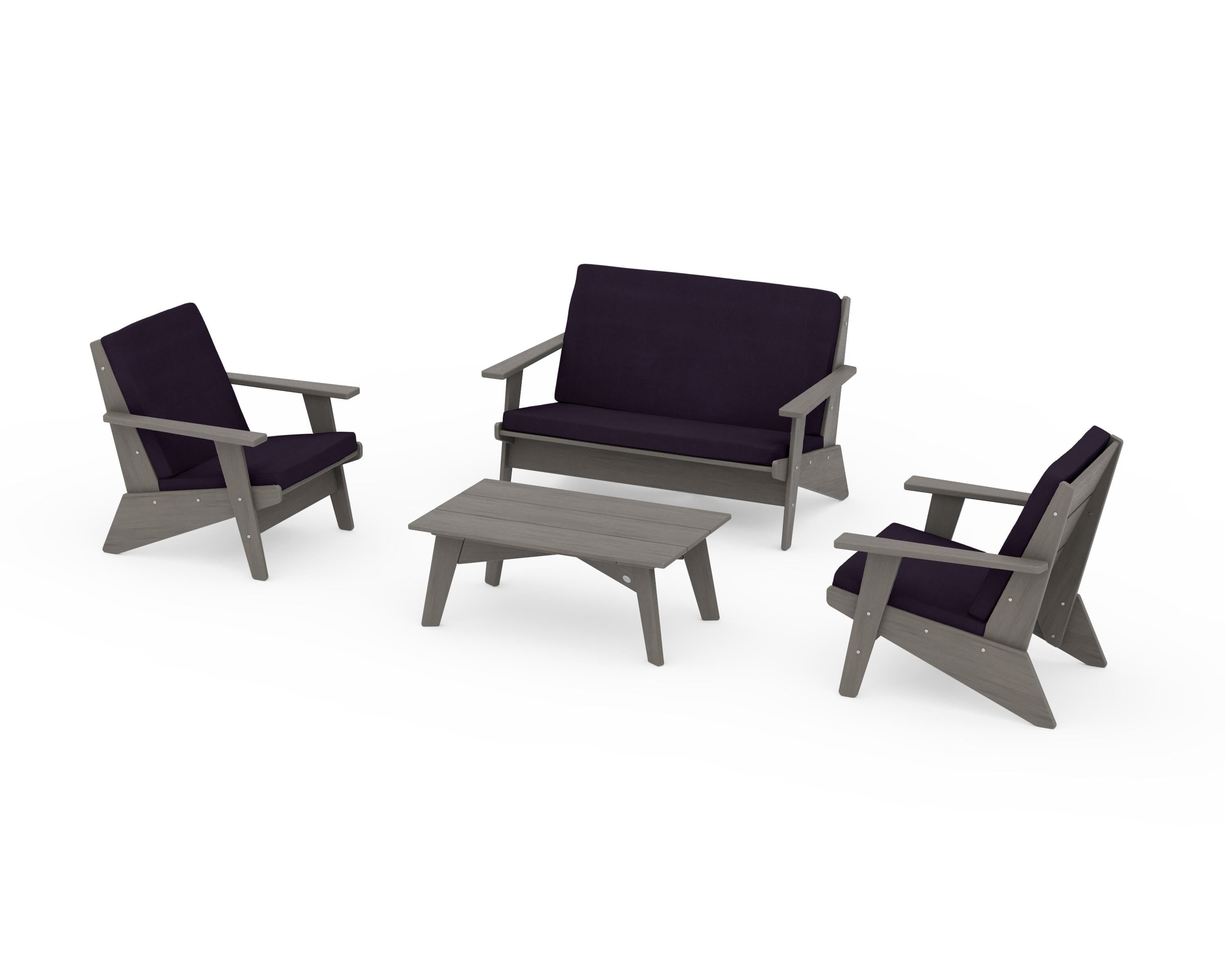 POLYWOOD Riviera Modern Lounge 4-Piece Set in Driftwood / Navy Linen
