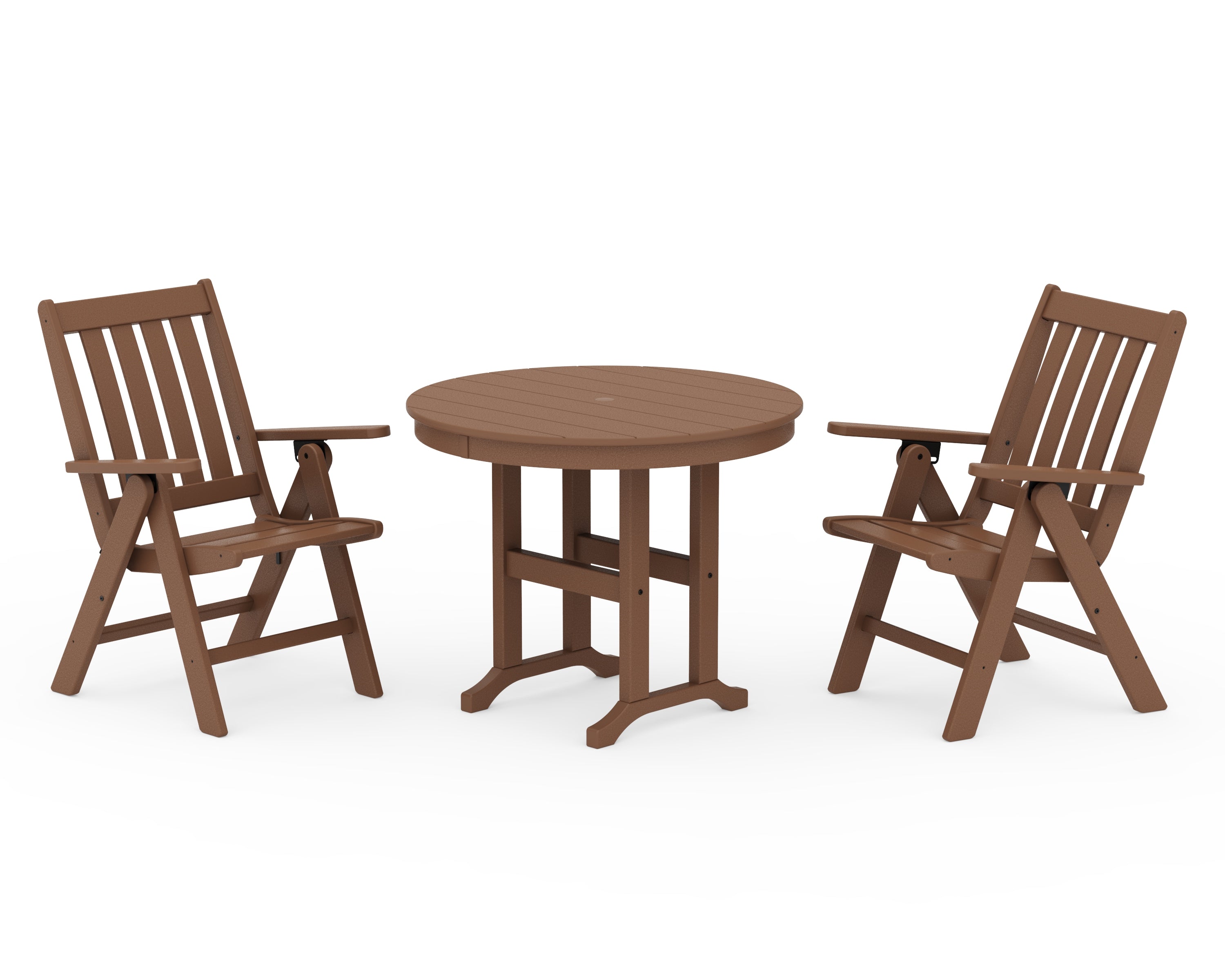 POLYWOOD Vineyard Folding Chair 3-Piece Round Dining Set in Teak