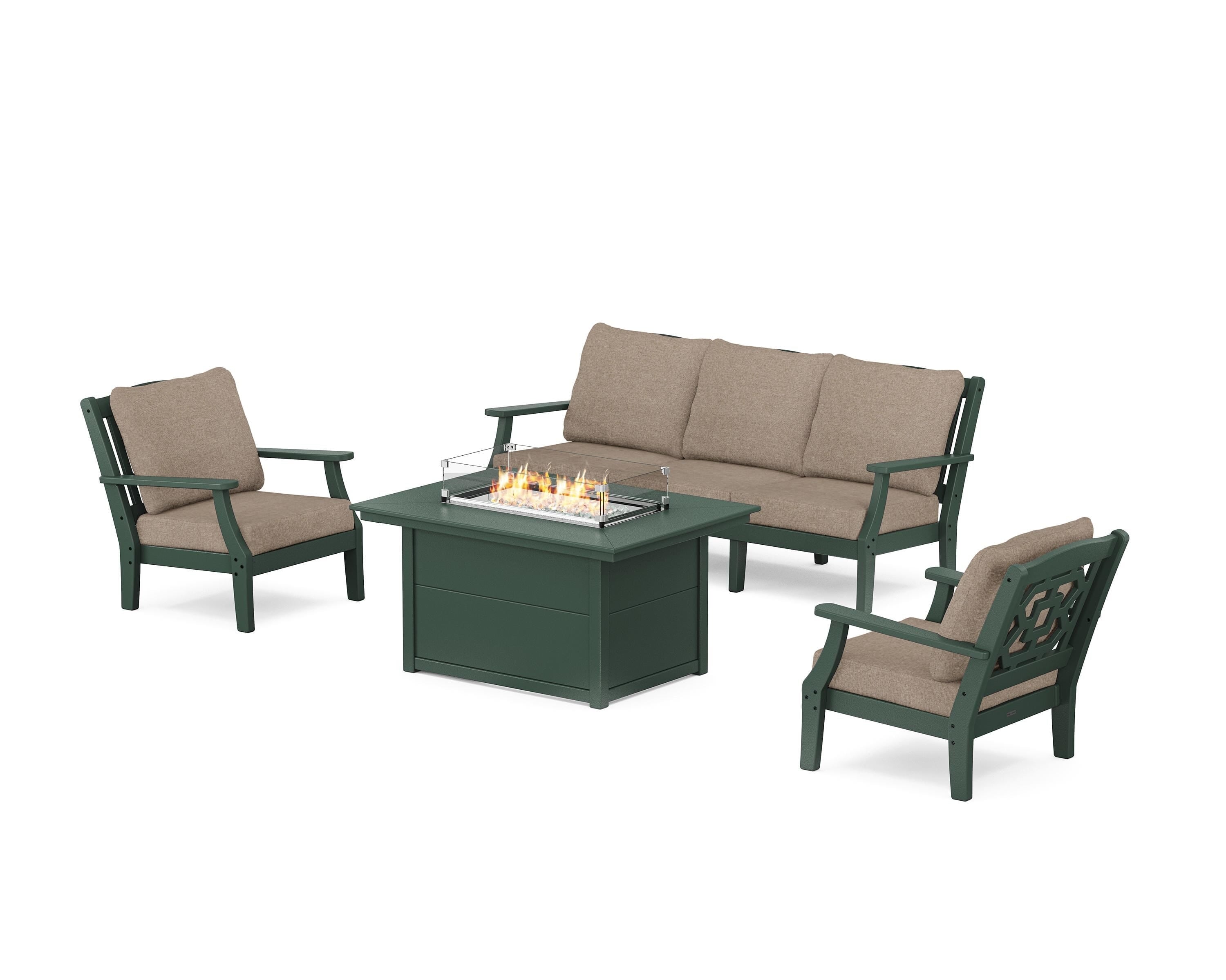 Martha Stewart by POLYWOOD Chinoiserie Deep Seating Fire Pit Table Set in Green / Spiced Burlap