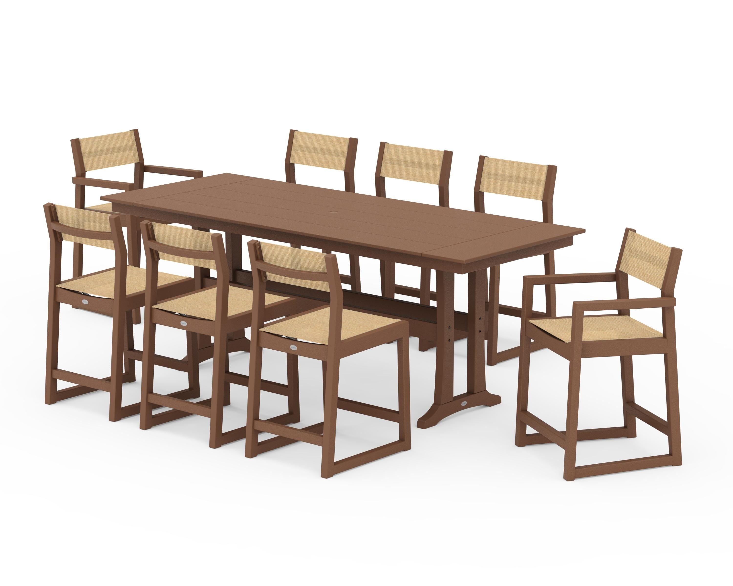 POLYWOOD EDGE Sling 9-Piece Farmhouse Counter Set with Trestle Legs in Teak / Dupioni Apricot Sling