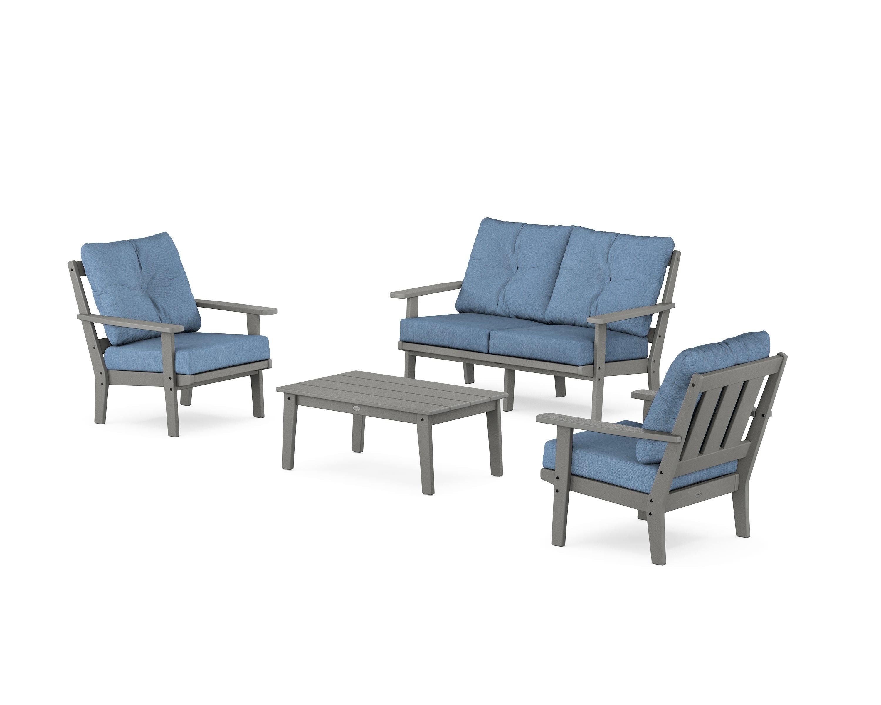 POLYWOOD Oxford 4-Piece Deep Seating Set with Loveseat in Slate Grey / Sky Blue
