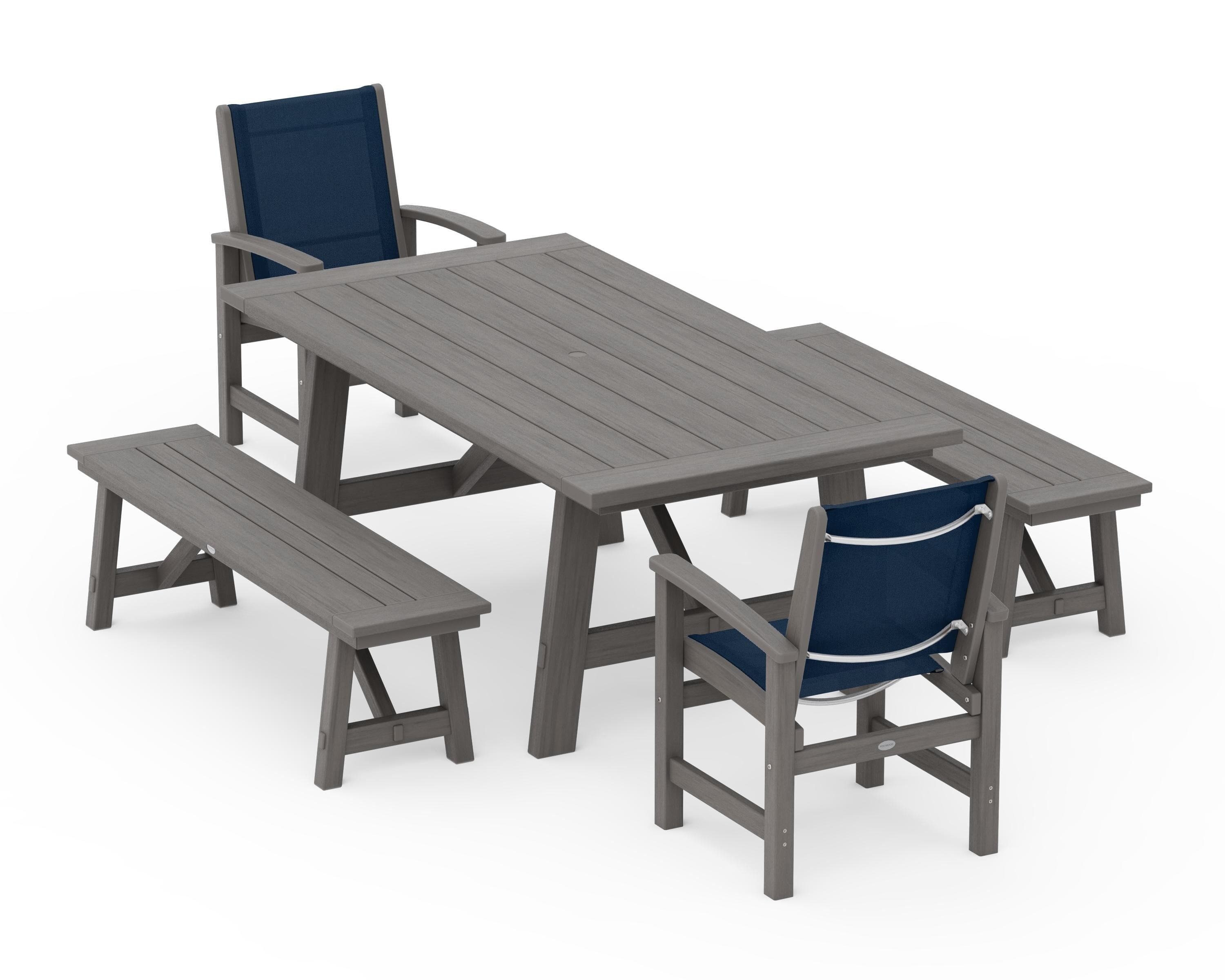 POLYWOOD Coastal 5-Piece Rustic Farmhouse Dining Set With Benches in Driftwood / Navy Blue Sling