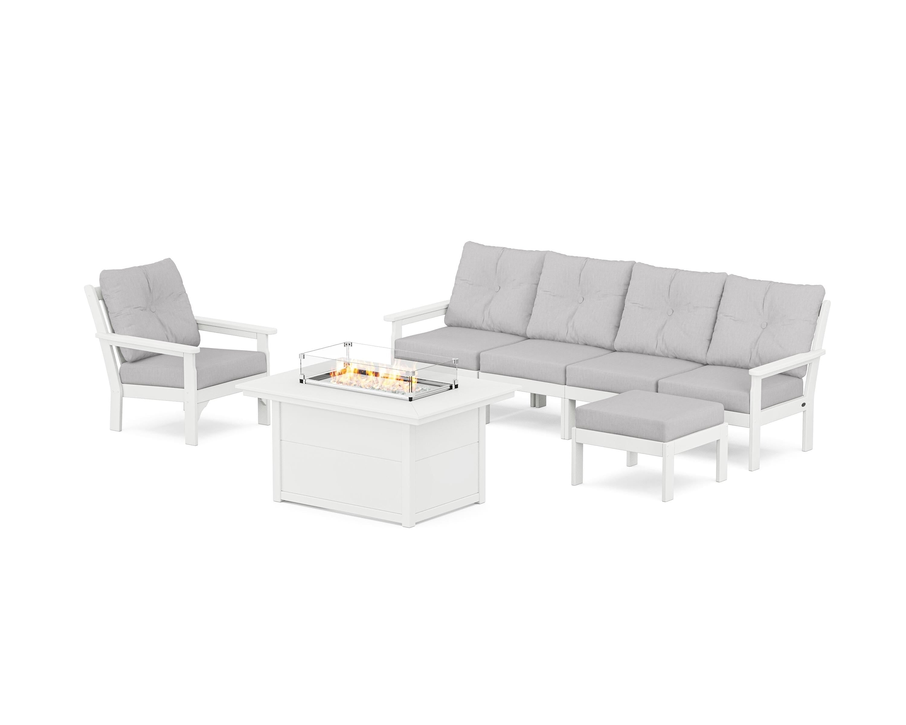 POLYWOOD Vineyard Sectional Lounge and Fire Pit Set in White / Granite