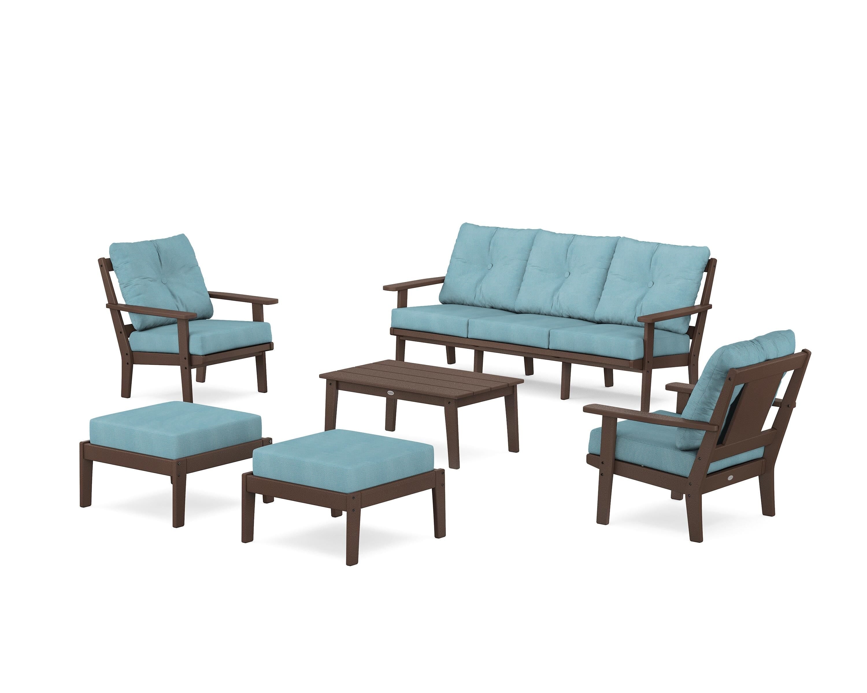POLYWOOD Prairie 6-Piece Lounge Sofa Set in Mahogany / Lattice Sky Blue