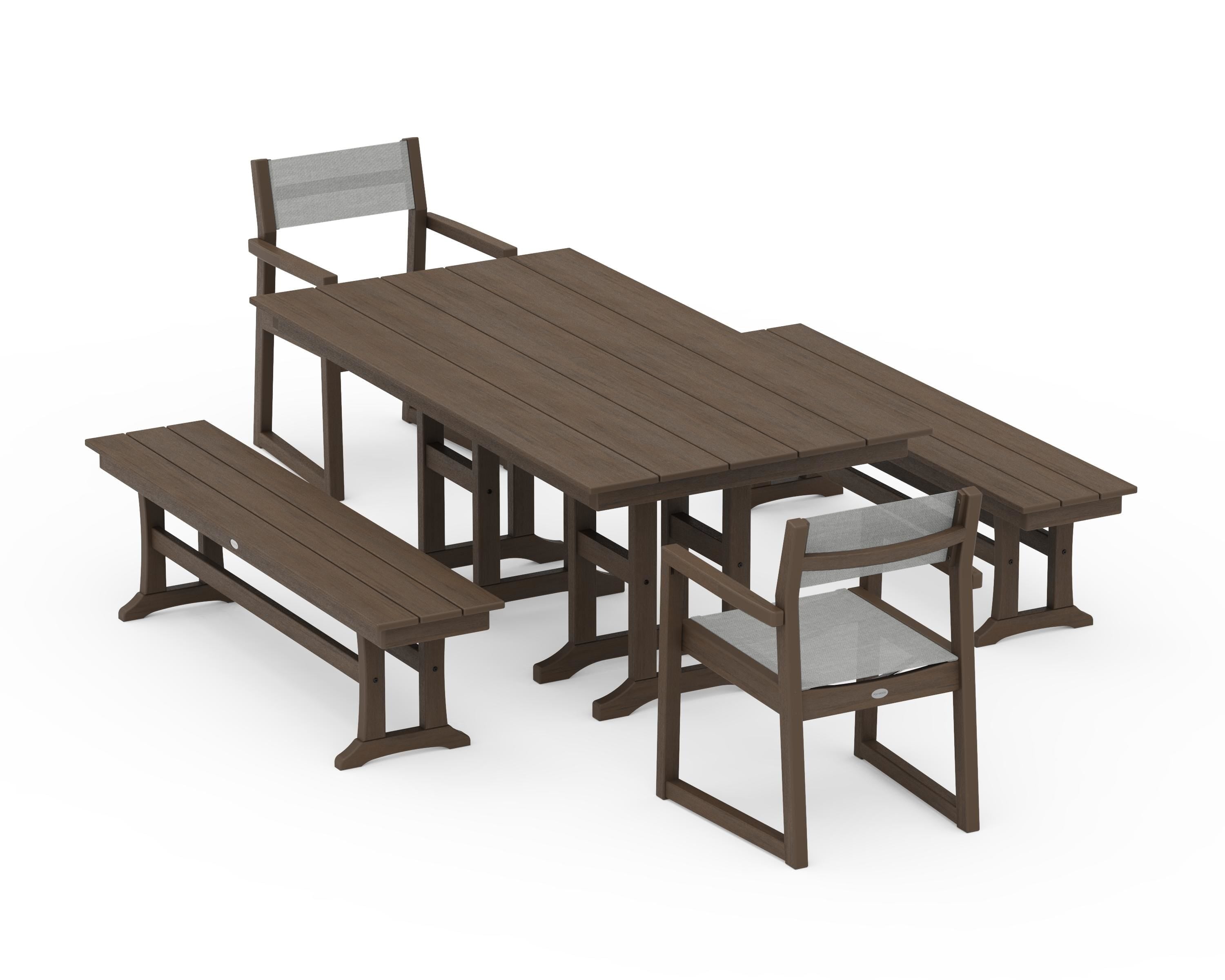 POLYWOOD EDGE Sling Arm Chair 5-Piece Farmhouse Dining Set with Benches in Kona / Metallic Sling