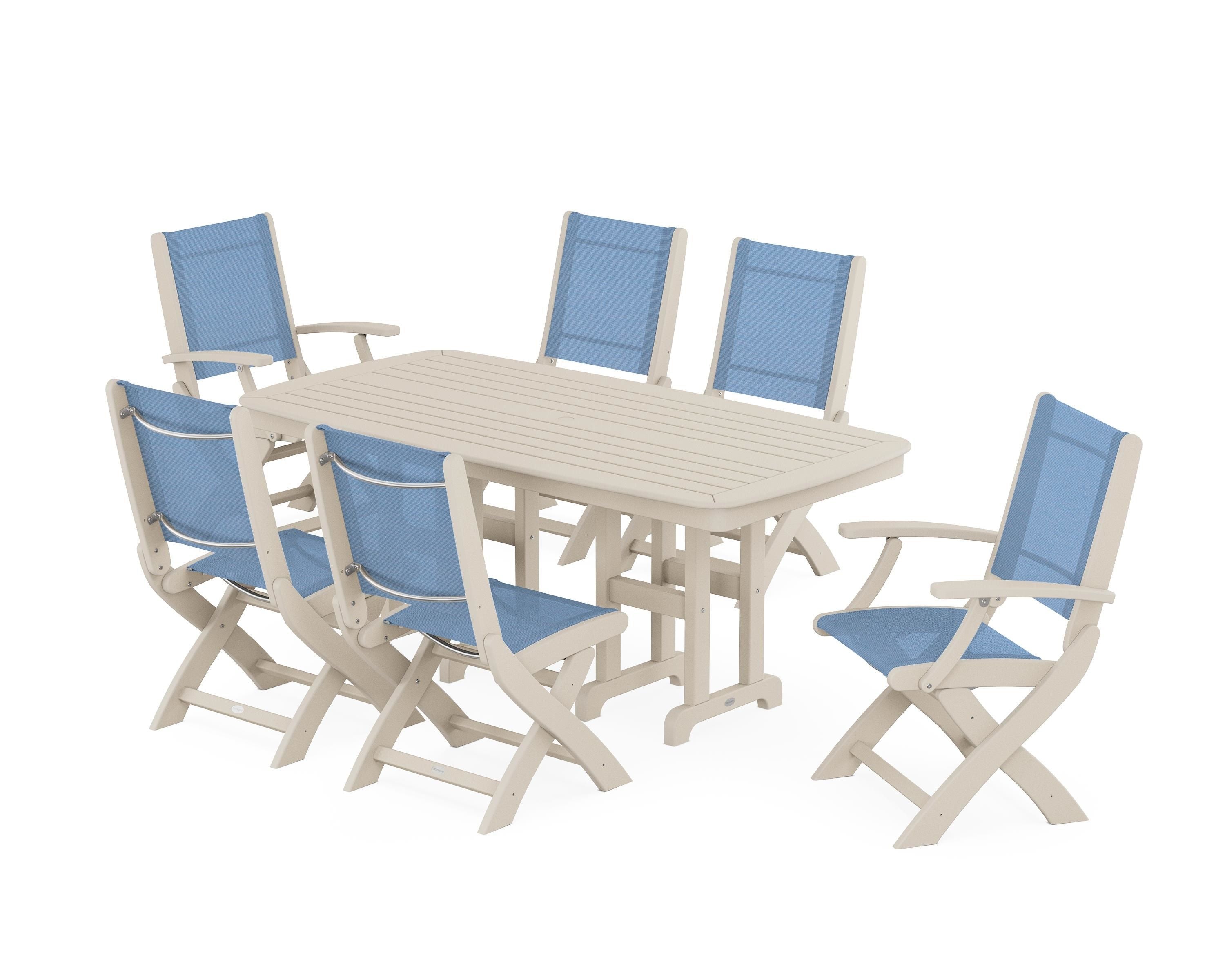 POLYWOOD Coastal Folding Chair 7-Piece Dining Set in Sand / Poolside Sling