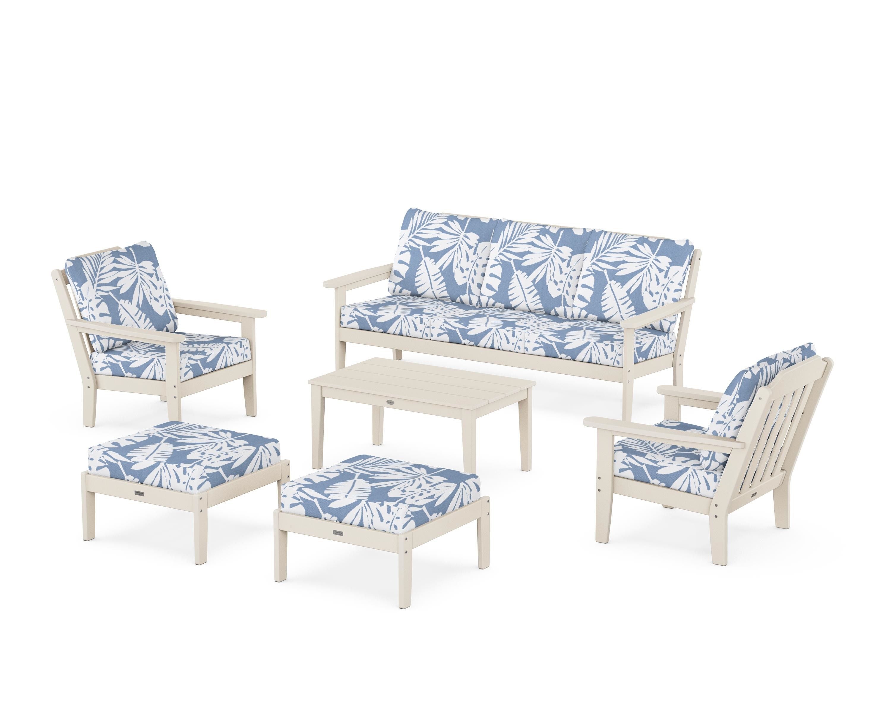 Country Living Cottage 6-Piece Lounge Sofa Set in Sand / Leaf Sky Blue