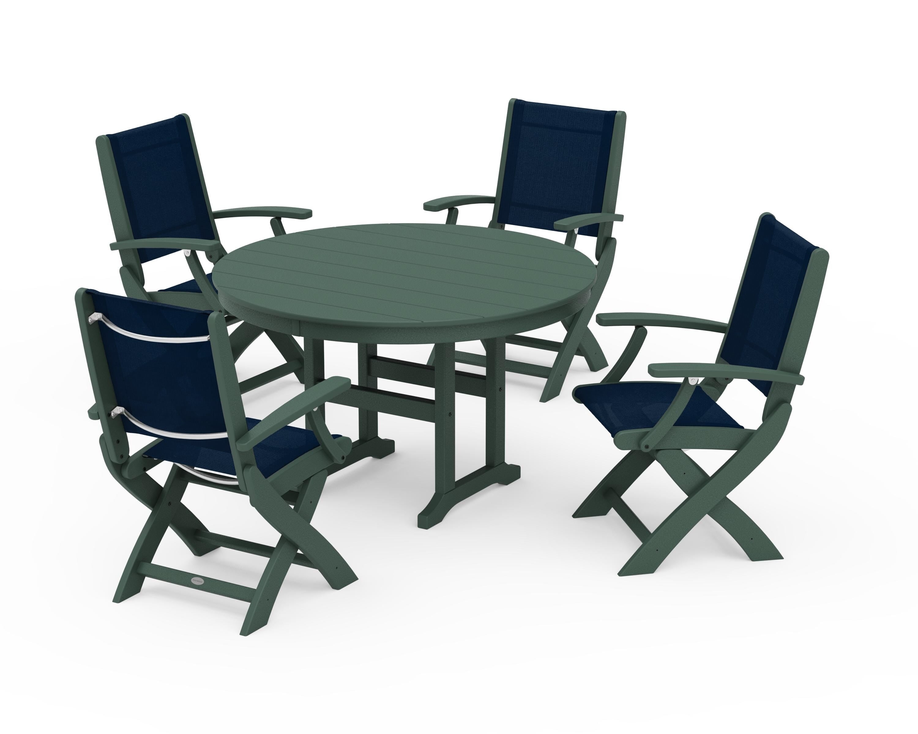 POLYWOOD Coastal Folding Chair 5-Piece Round Dining Set in Green / Navy Blue Sling
