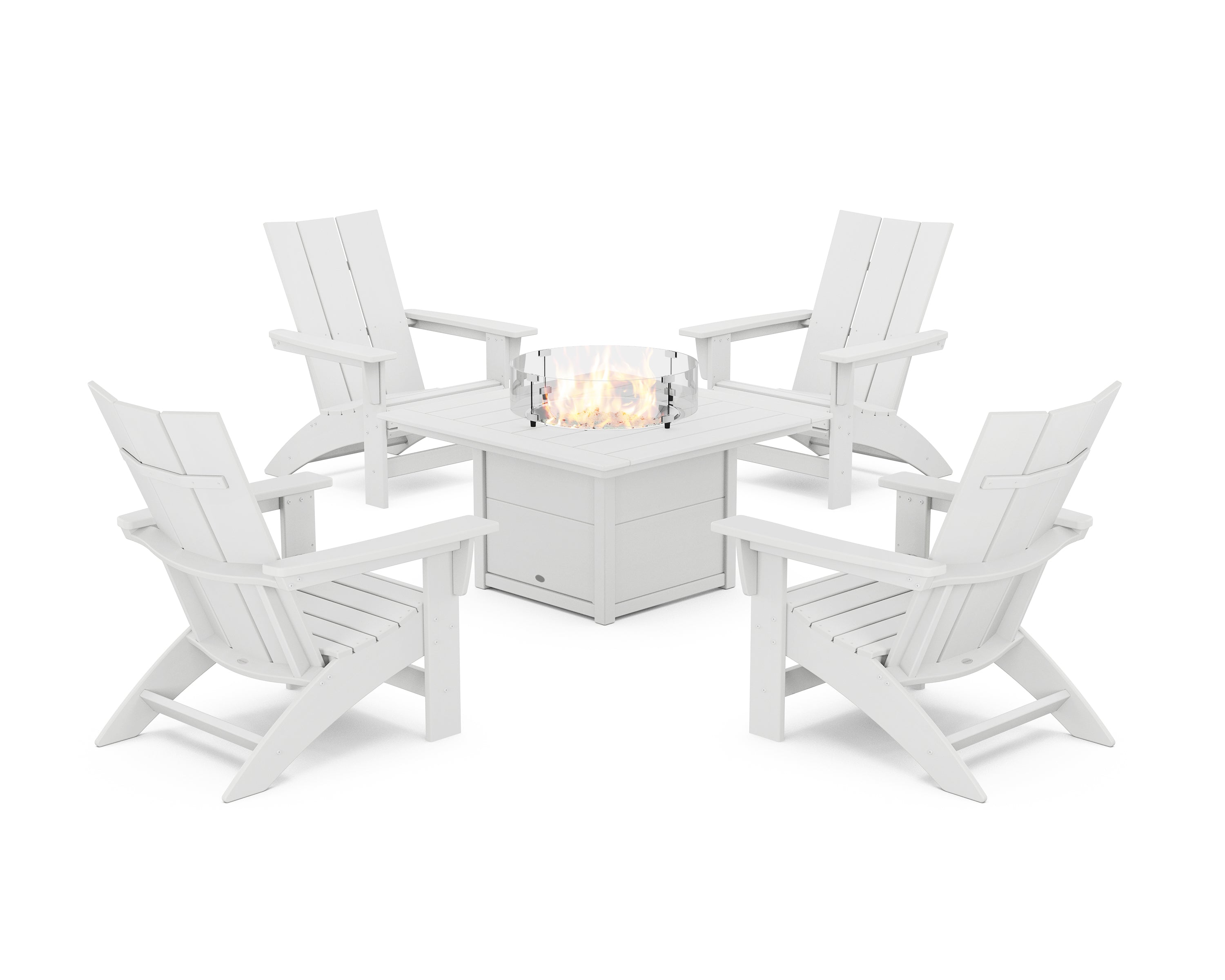 POLYWOOD 5-Piece Modern Grand Adirondack Conversation Set with Fire Pit Table in White