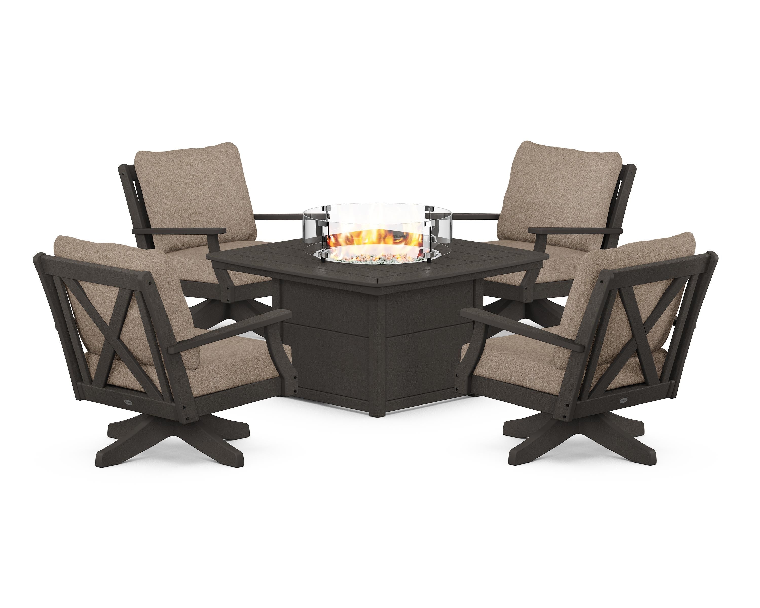 POLYWOOD Braxton 5-Piece Deep Seating Swivel Conversation Set with Fire Pit Table in Vintage Coffee / Spiced Burlap