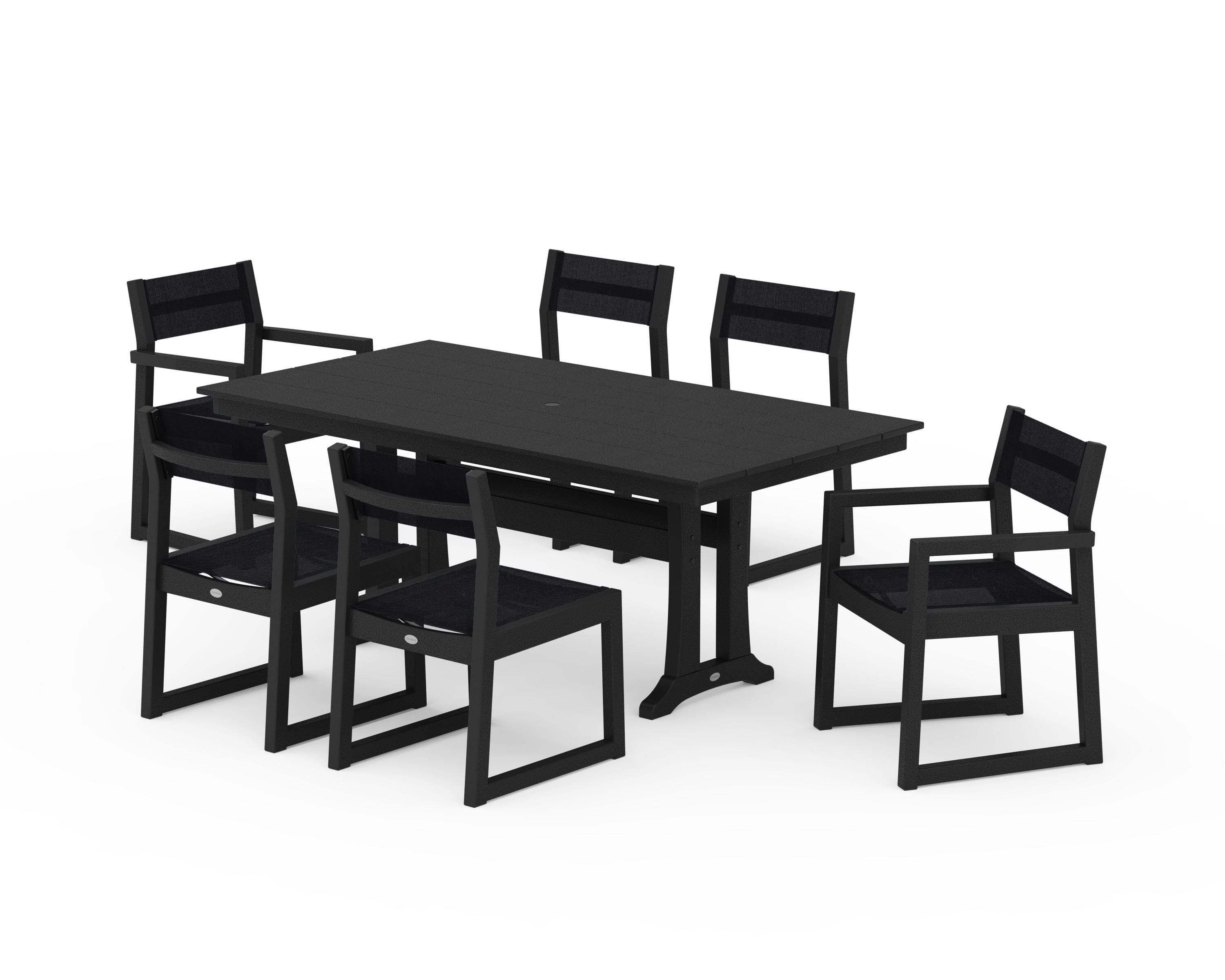 POLYWOOD EDGE Sling 7-Piece Farmhouse Trestle Dining Set in Black / Black Sling