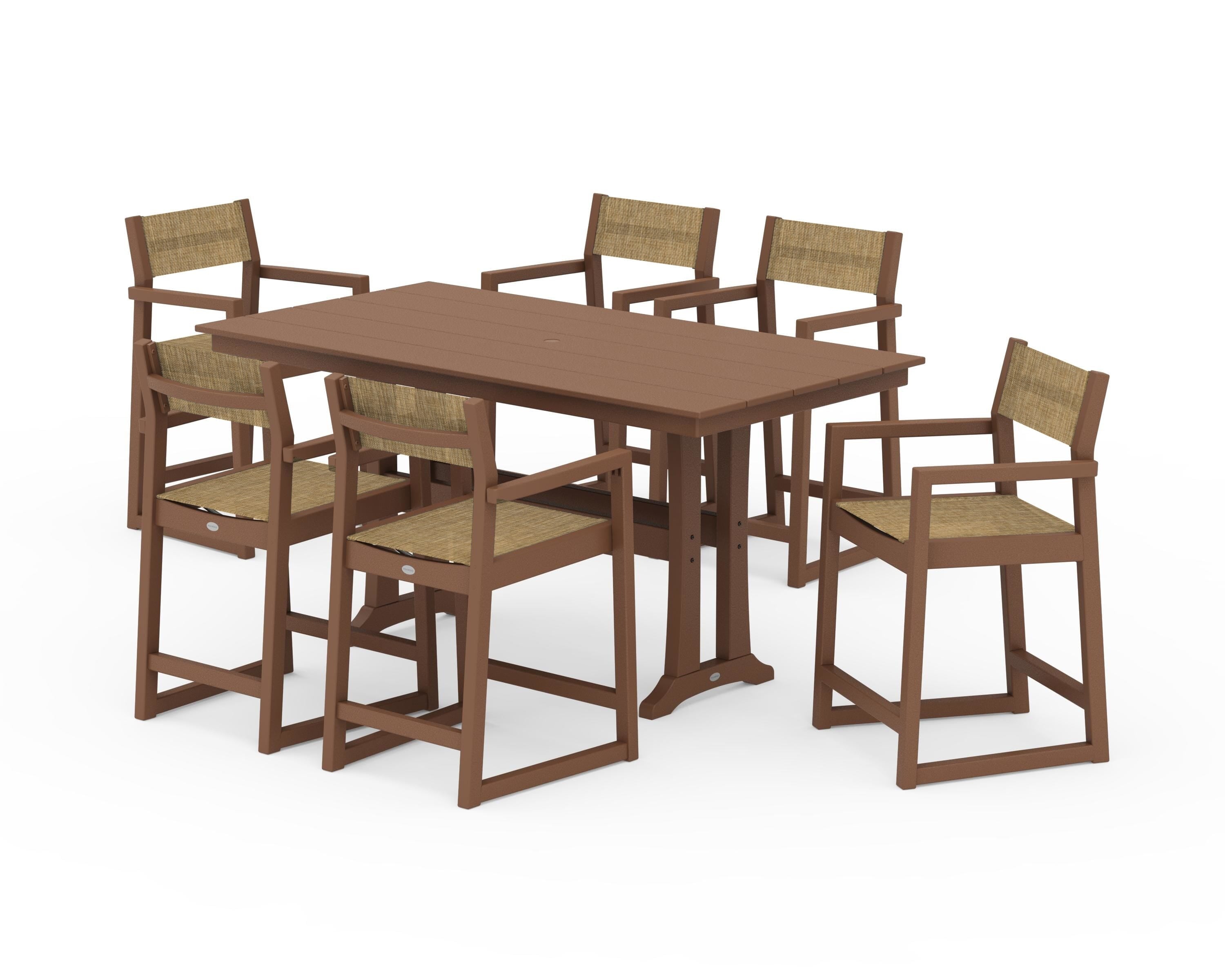 POLYWOOD EDGE Sling Arm Chair 7-Piece Farmhouse Counter Set with Trestle Legs in Teak / Burlap Sling