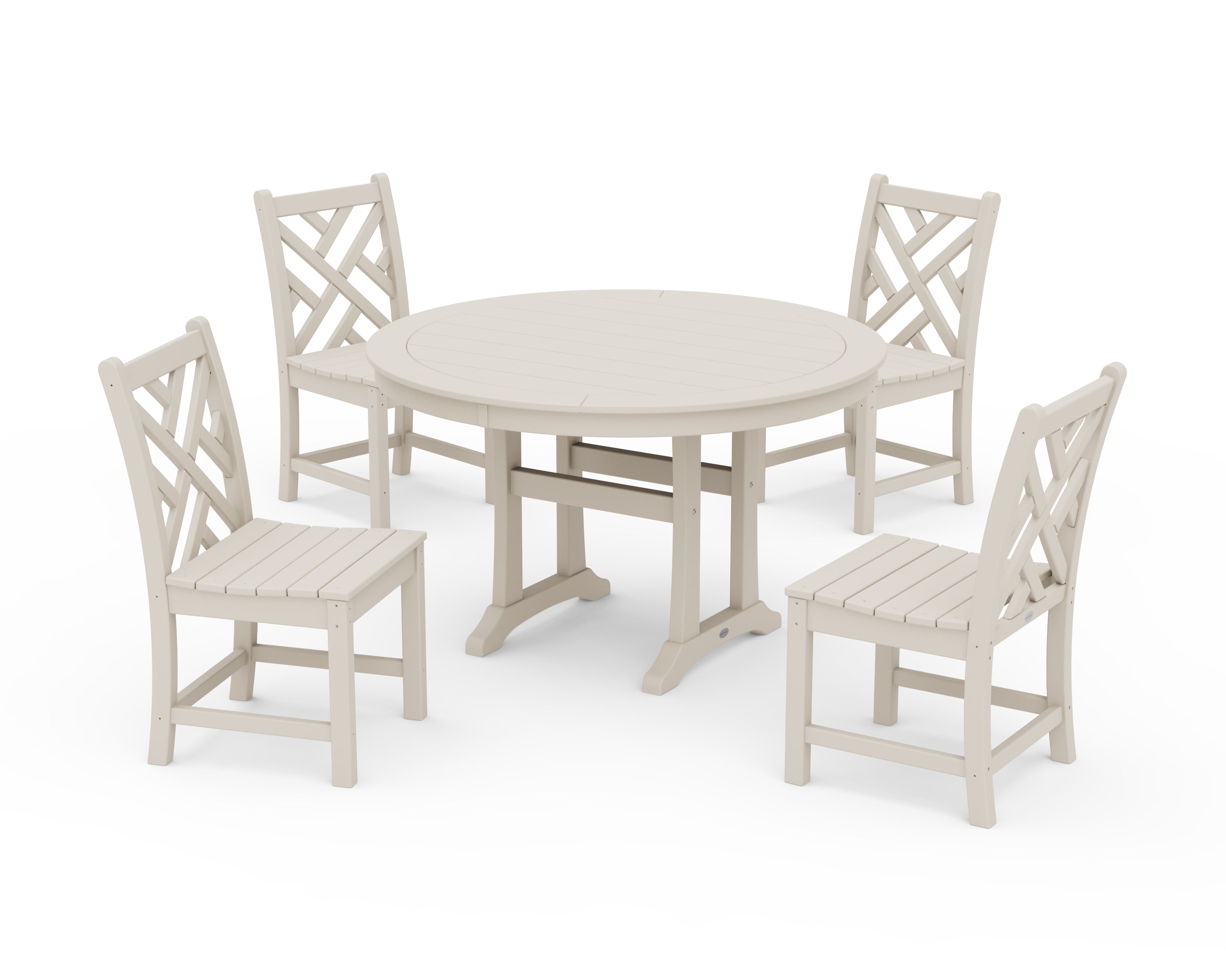 POLYWOOD Chippendale Side Chair 5-Piece Round Dining Set With Trestle Legs in Sand