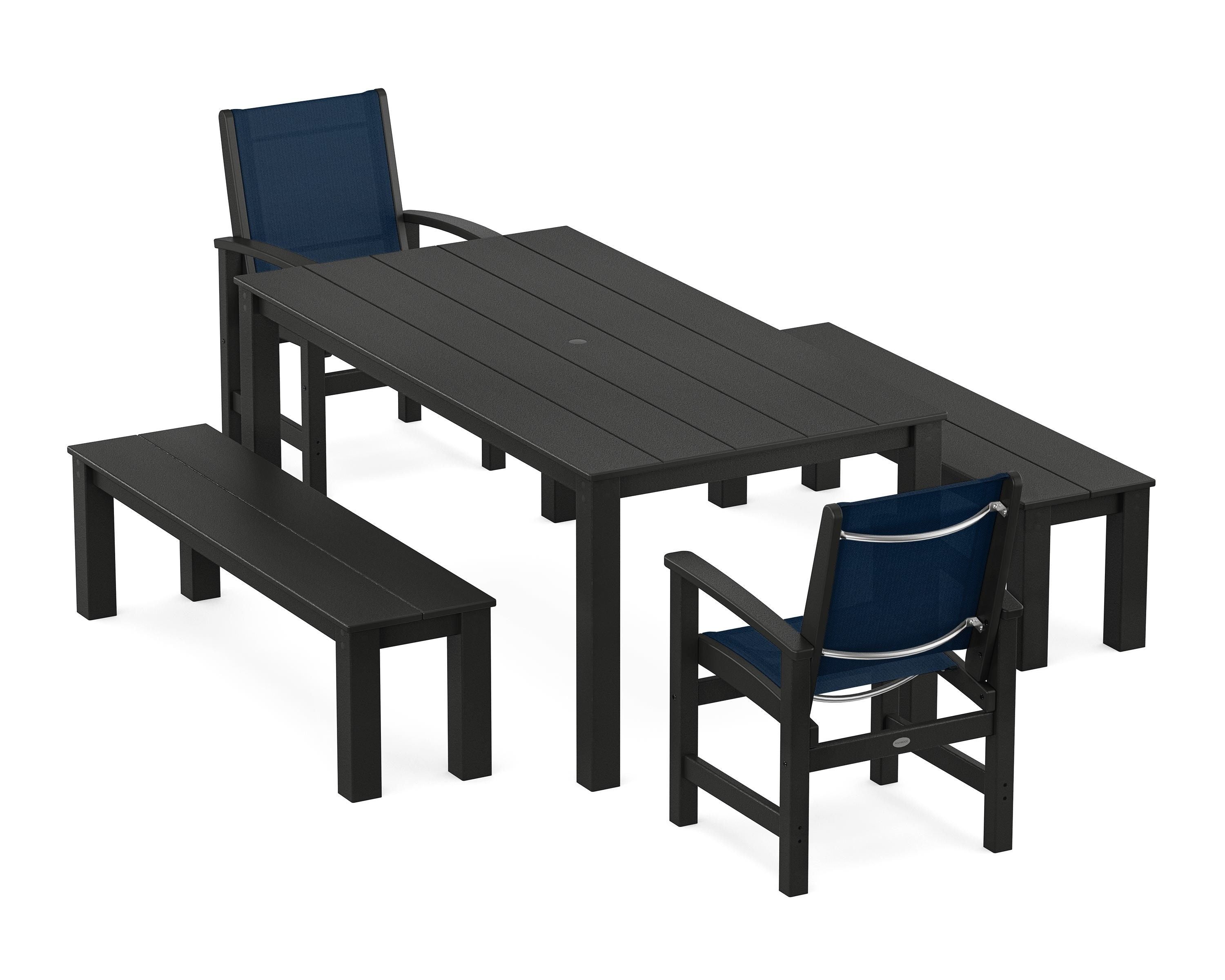POLYWOOD Coastal 5-Piece Parsons Dining Set with Benches in Black / Navy Blue Sling