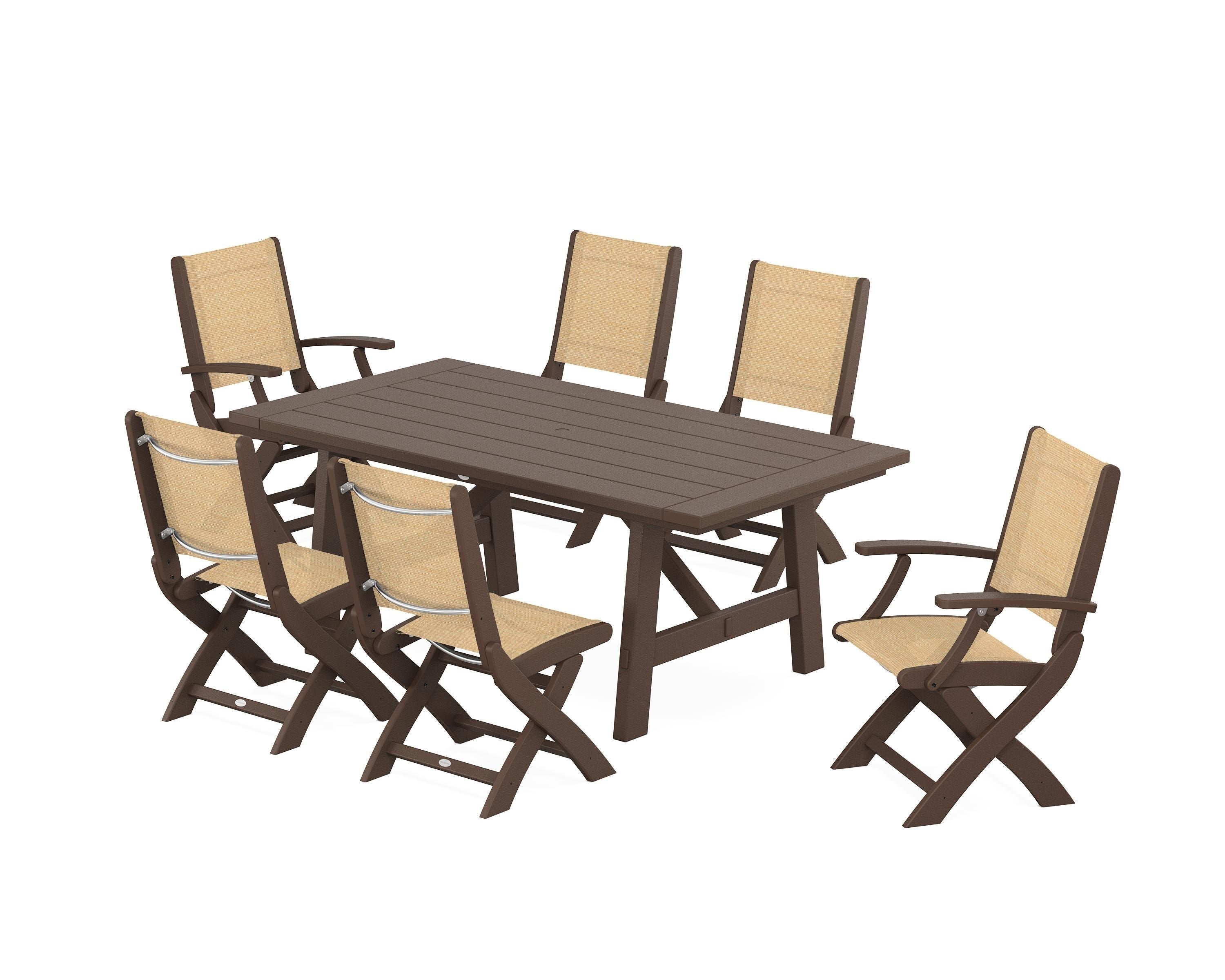 POLYWOOD Coastal Folding Chair 7-Piece Rustic Farmhouse Dining Set in Mahogany / Dupioni Apricot Sling