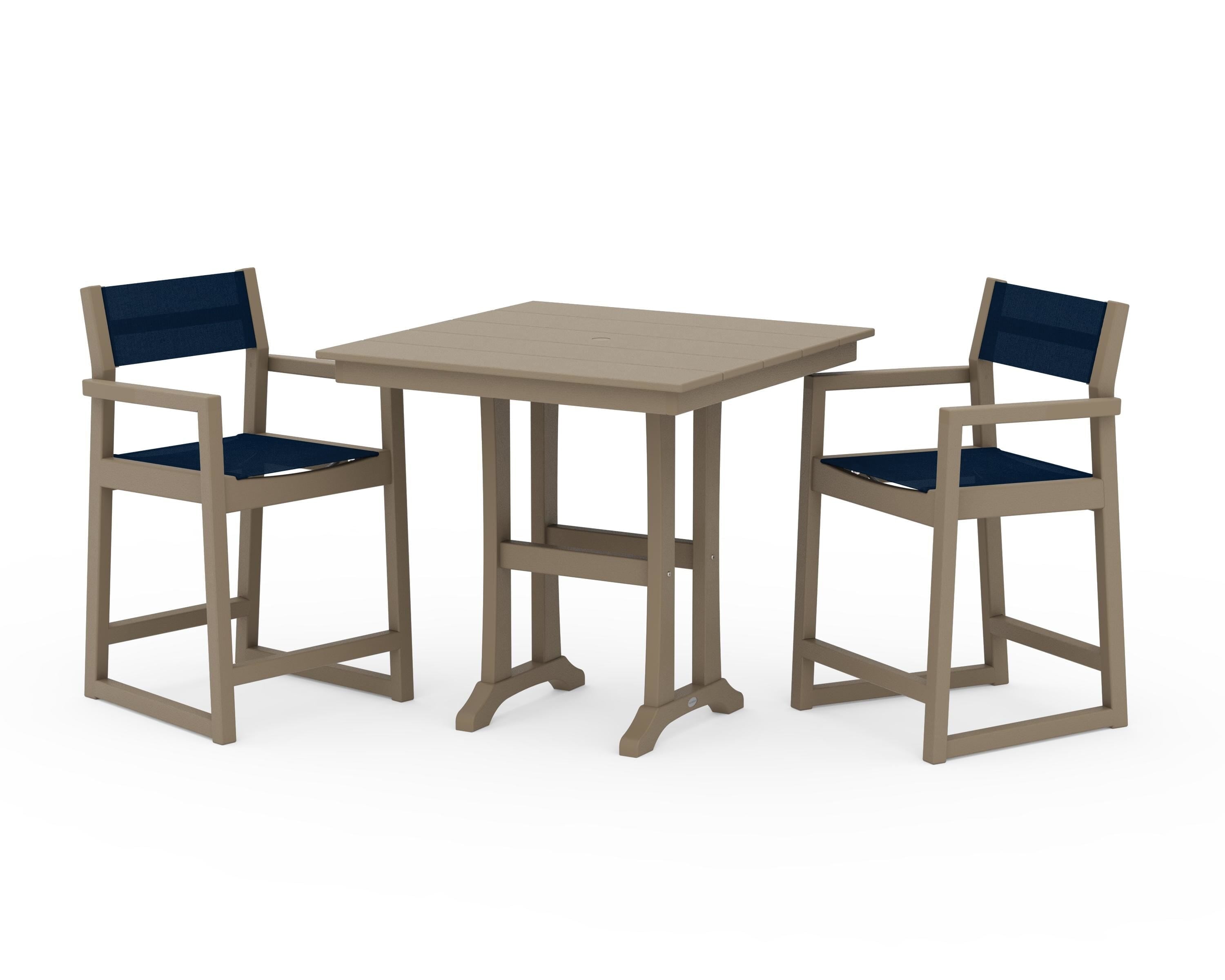 POLYWOOD EDGE Sling Arm Chair 3-Piece Farmhouse Counter Set with Trestle Legs in Vintage Sahara / Navy Blue Sling