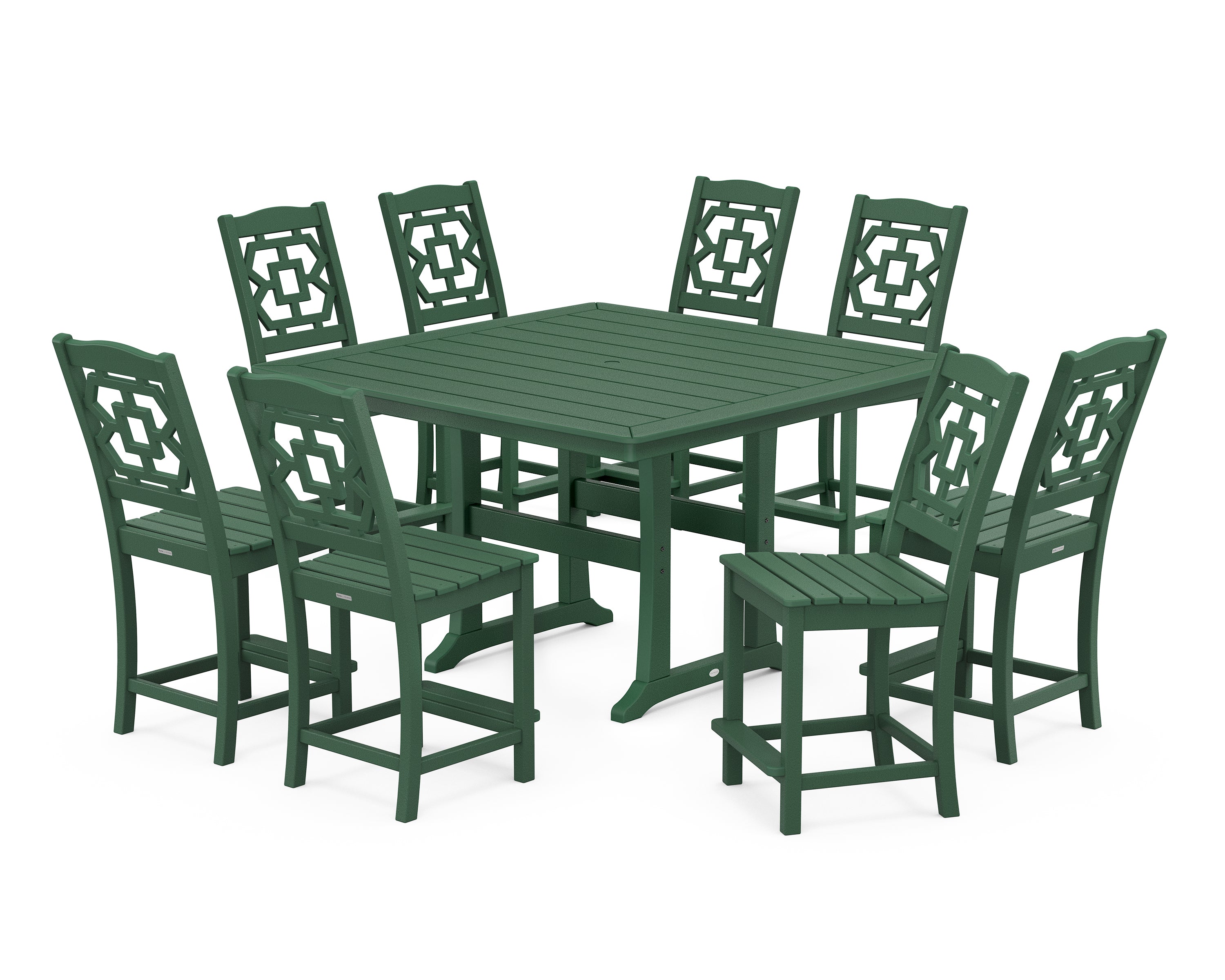 Martha Stewart by POLYWOOD® Chinoiserie 9-Piece Square Side Chair Counter Set with Trestle Legs in Green