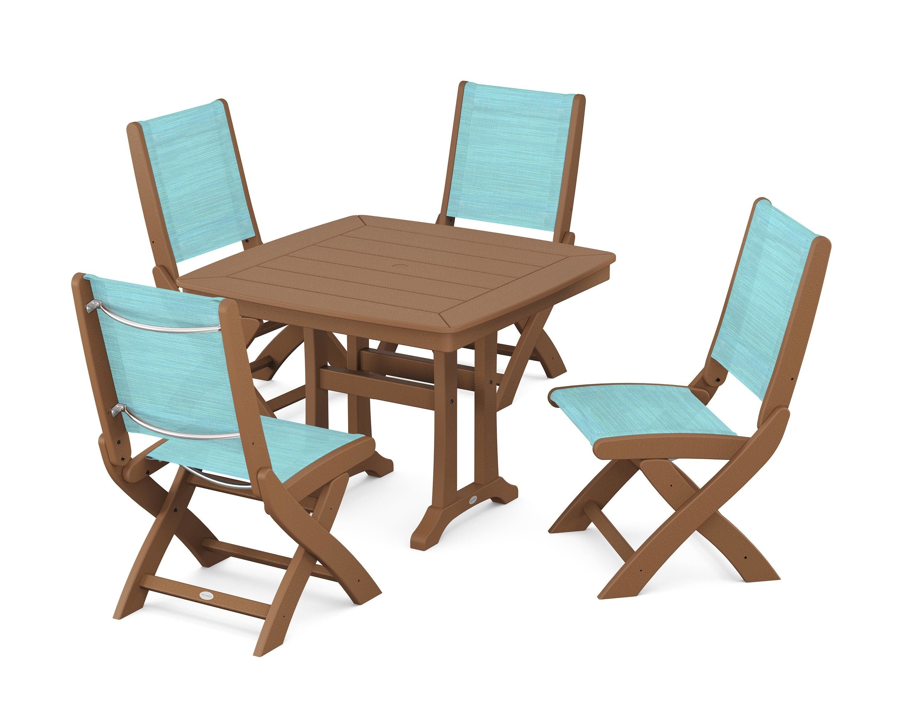 POLYWOOD Coastal Folding Side Chair 5-Piece Dining Set with Trestle Legs in Teak / Dupioni Aquamarine Sling