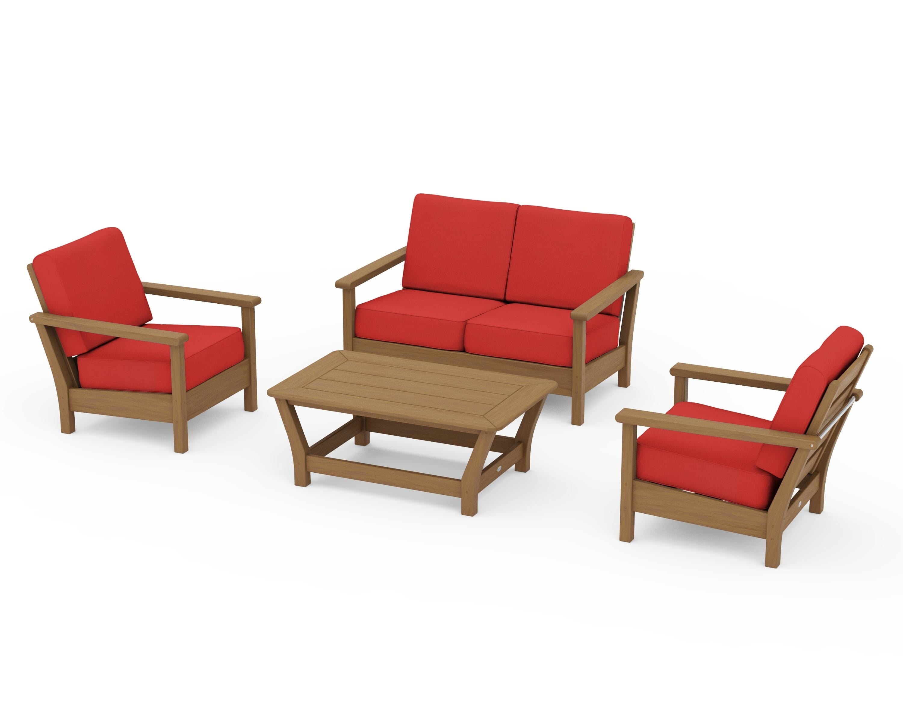POLYWOOD Harbour 4-Piece Deep Seating Set in Natural / Crimson Linen