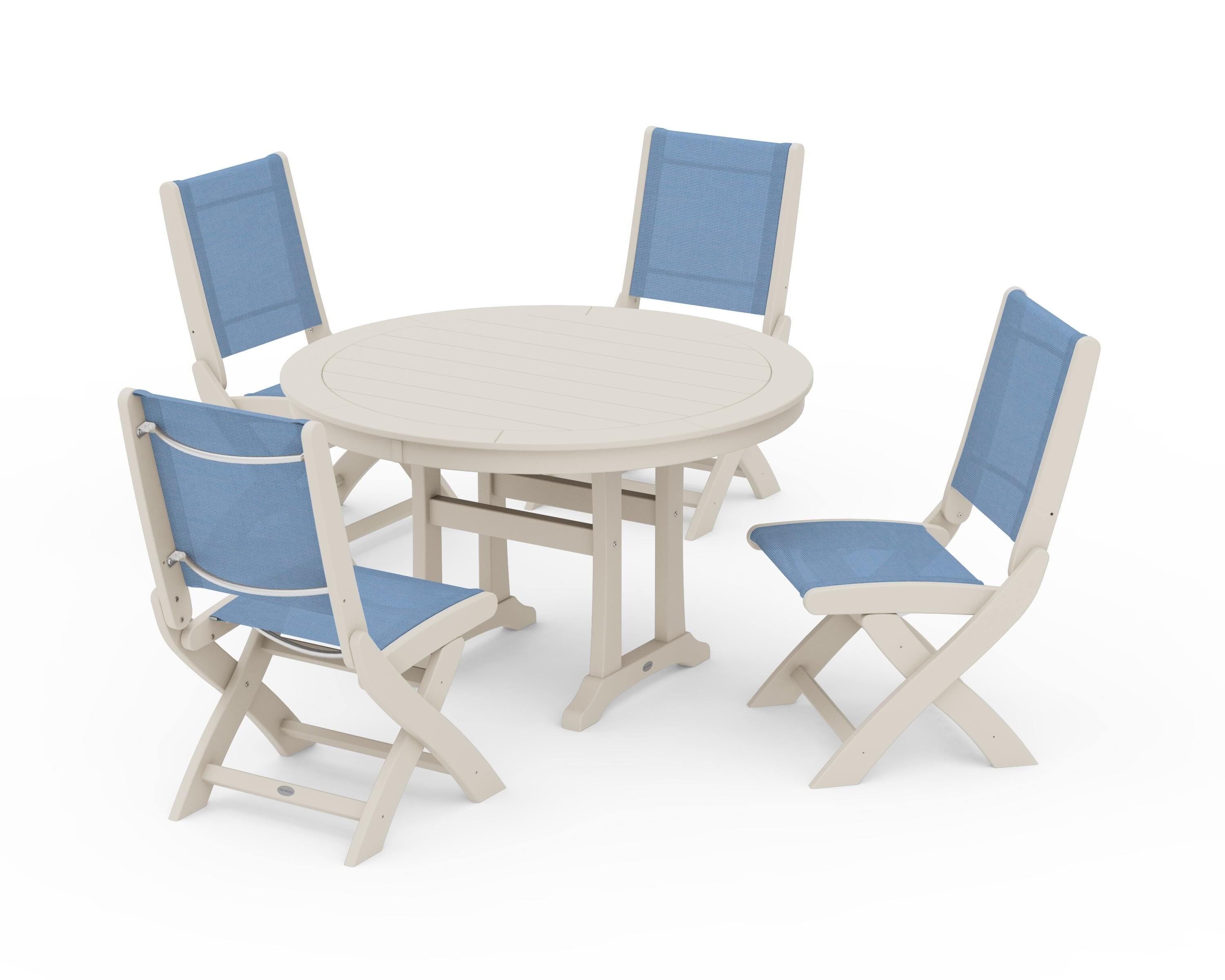 POLYWOOD Coastal Folding Side Chair 5-Piece Round Dining Set With Trestle Legs in Sand / Poolside Sling