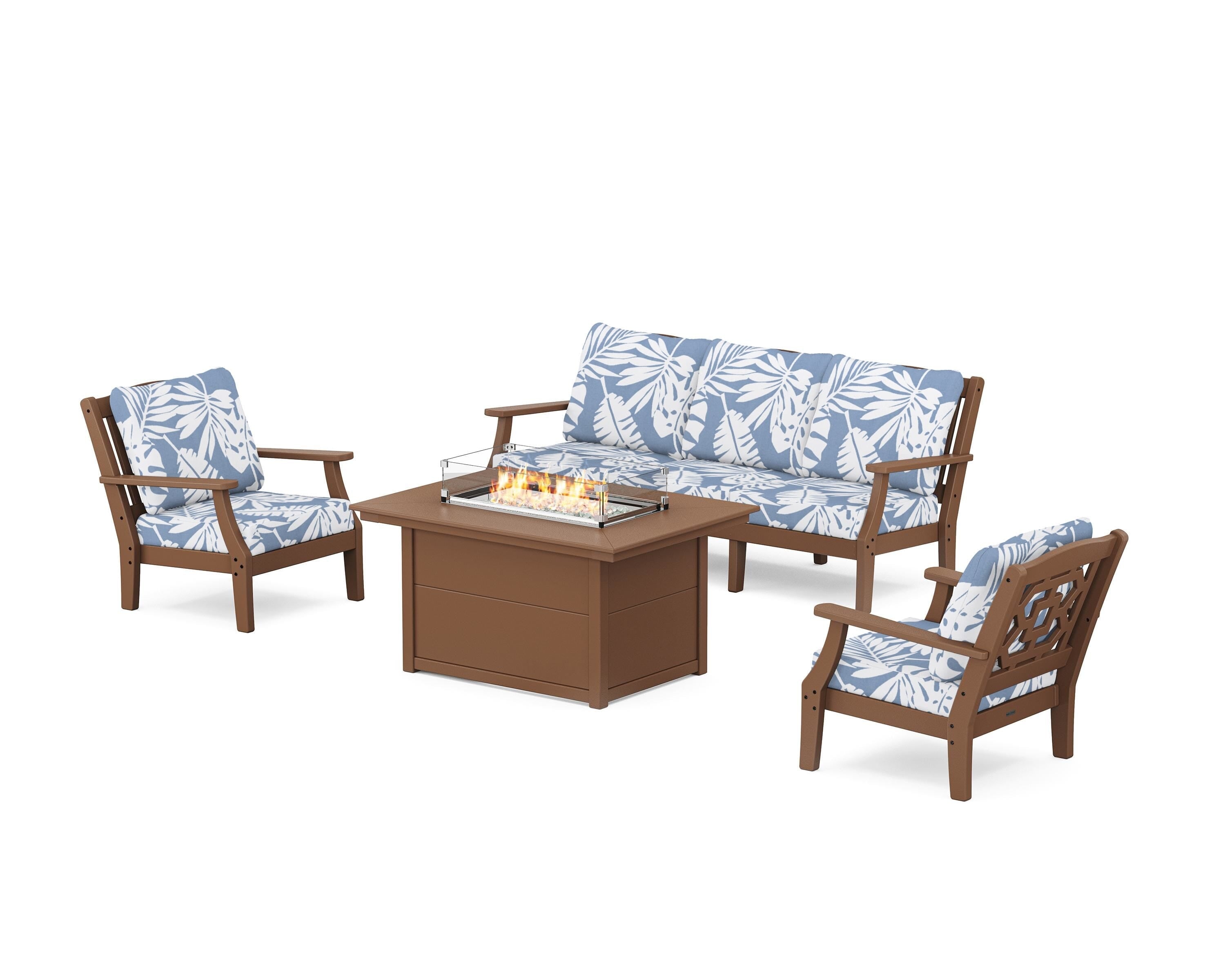 Martha Stewart by POLYWOOD Chinoiserie Deep Seating Fire Pit Table Set in Teak / Leaf Sky Blue