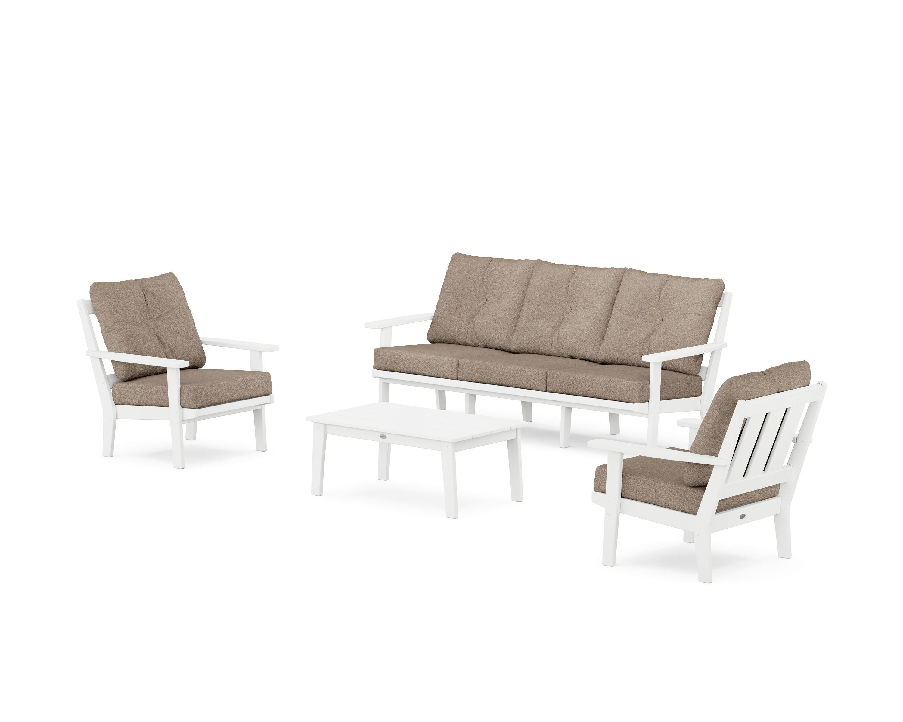 POLYWOOD Oxford 4-Piece Deep Seating Set with Sofa in White / Spiced Burlap