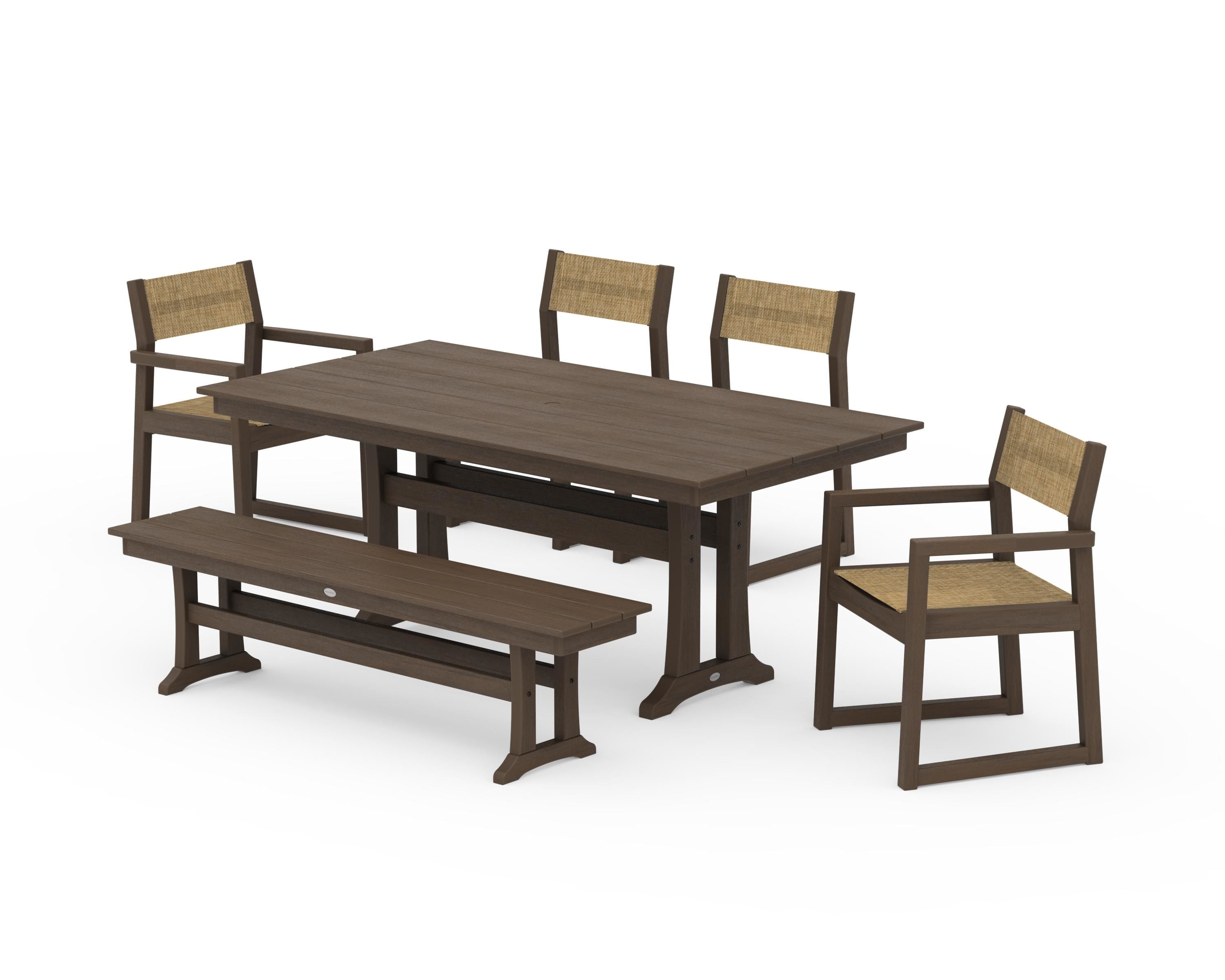 POLYWOOD EDGE Sling 6-Piece Farmhouse Dining Set With Trestle Legs in Kona / Burlap Sling