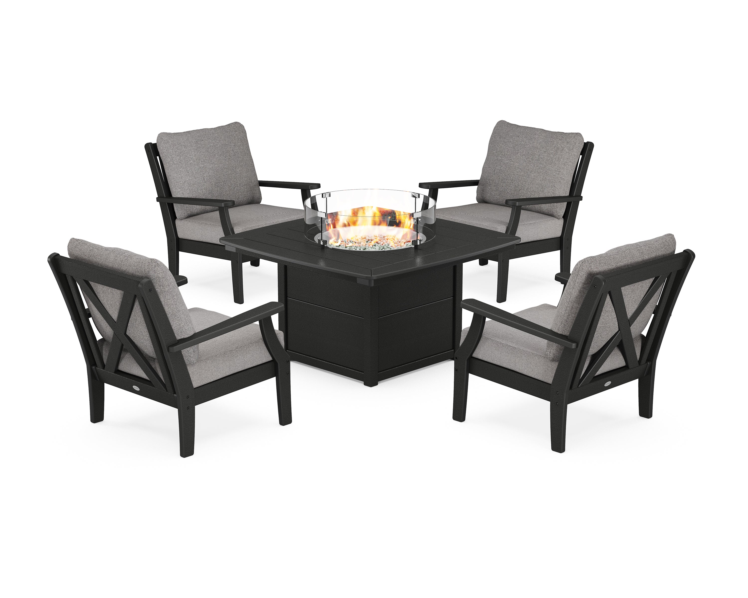 POLYWOOD Braxton 5-Piece Deep Seating Conversation Set with Fire Pit Table in Black / Grey Mist