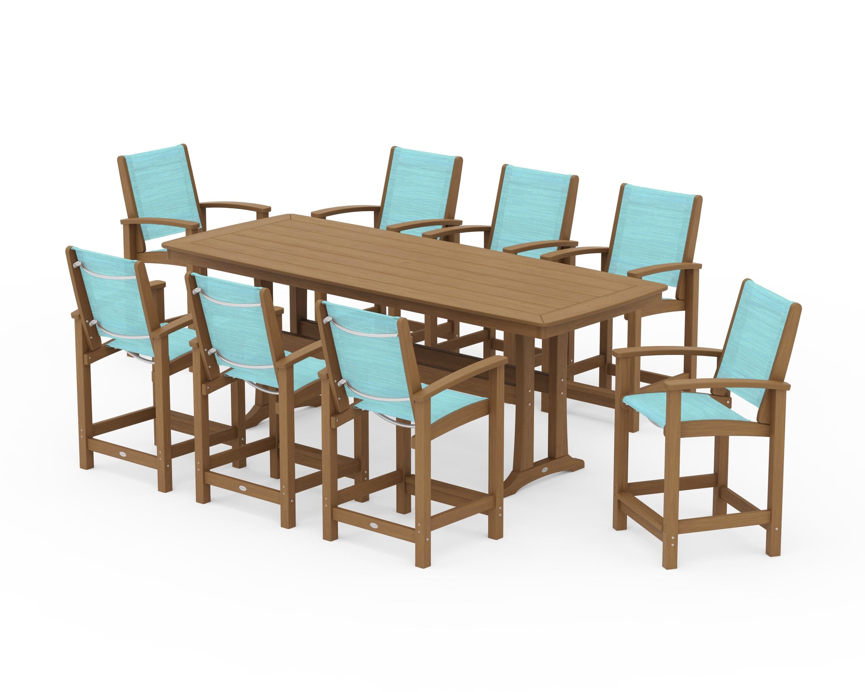 POLYWOOD Coastal 9-Piece Counter Set with Trestle Legs in Natural / Dupioni Aquamarine Sling