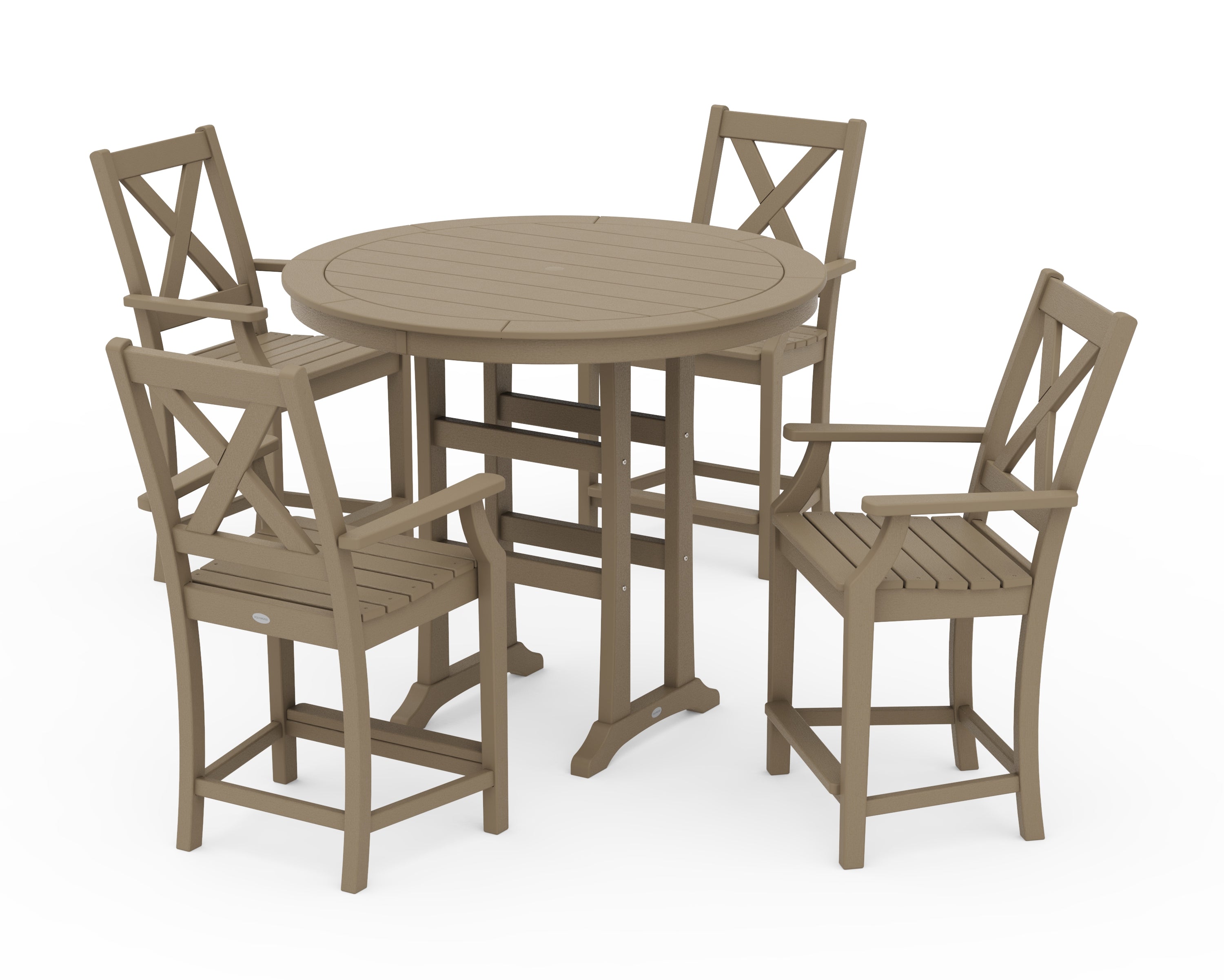 POLYWOOD Braxton 5-Piece Nautical Trestle Arm Chair Counter Set in Vintage Sahara