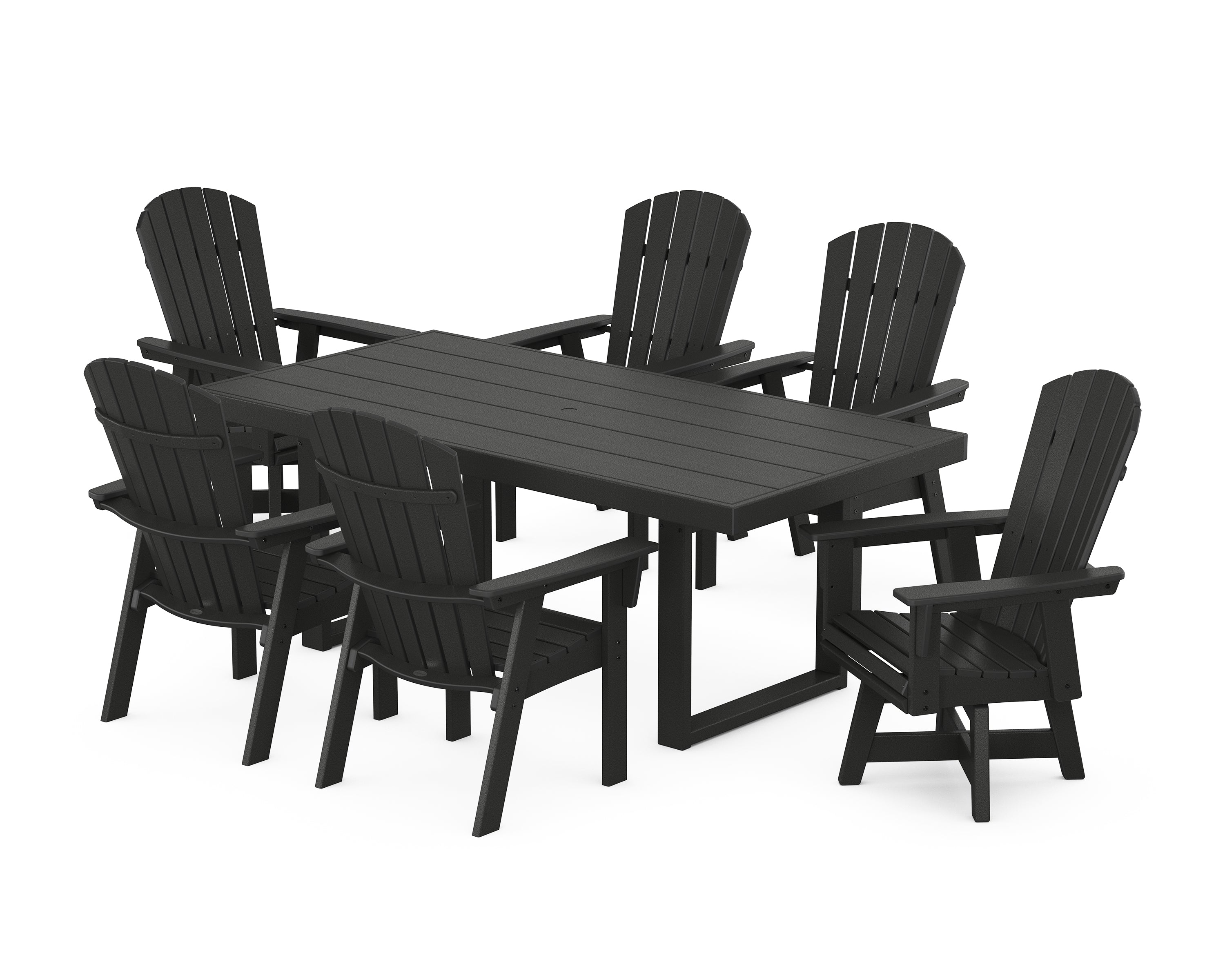POLYWOOD Nautical Curveback Adirondack Swivel Chair 7-Piece Dining Set in Black