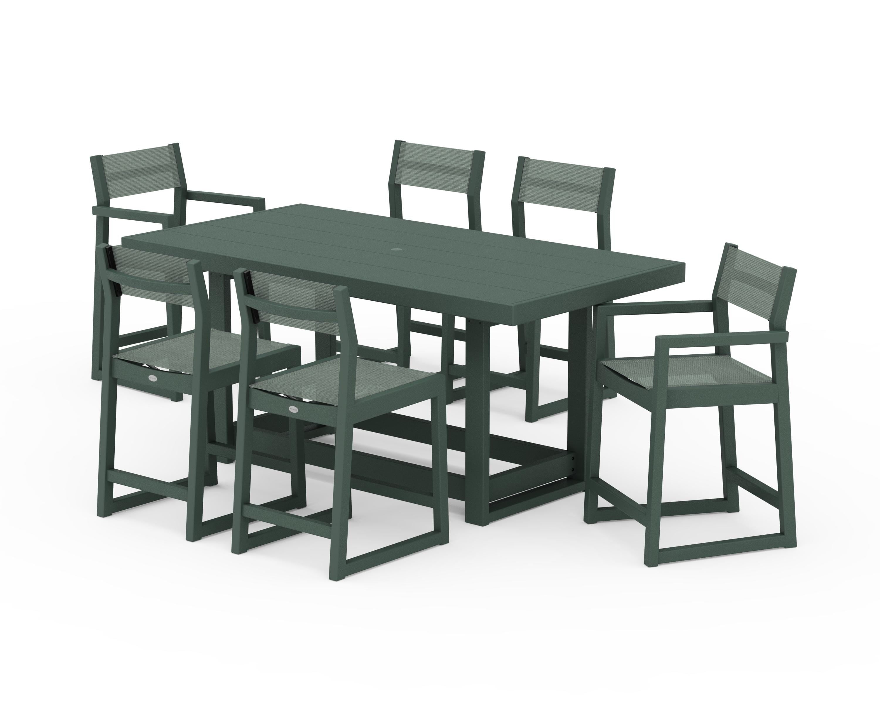 POLYWOOD EDGE Sling 7-Piece Counter Table Set in Green / Dupioni Sea Mist Sling