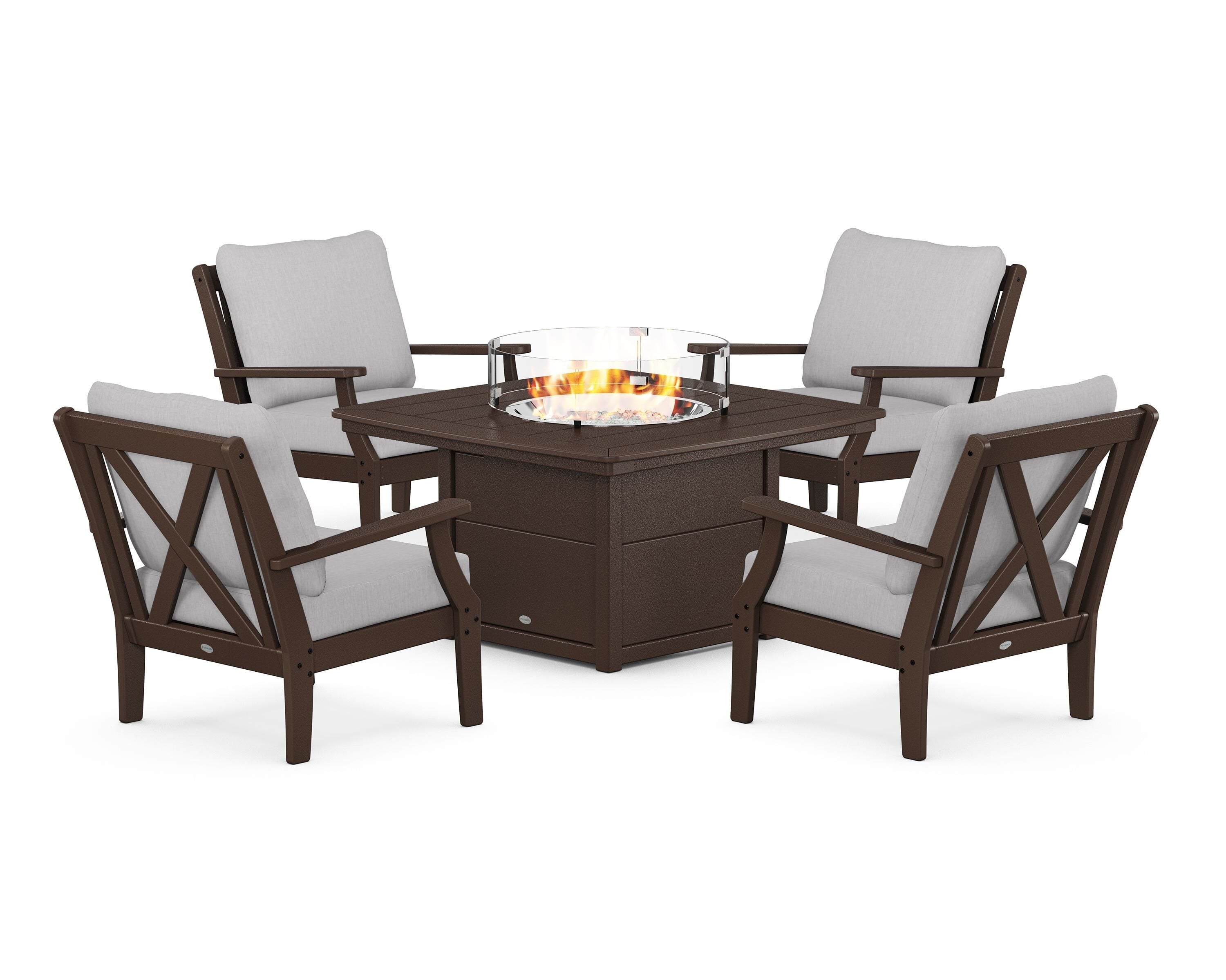 POLYWOOD Braxton 5-Piece Deep Seating Conversation Set with Fire Pit Table in Mahogany / Granite