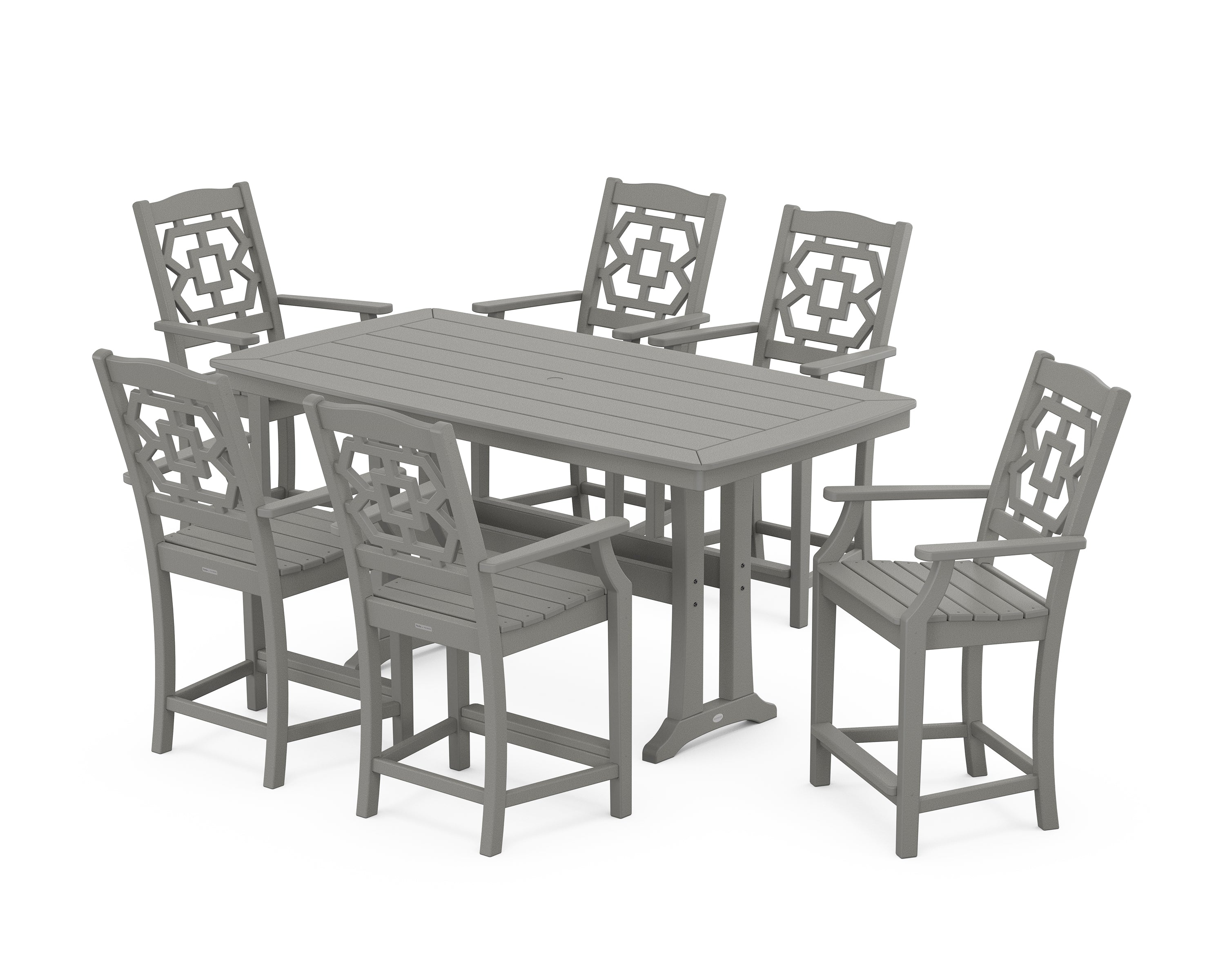 Martha Stewart by POLYWOOD® Chinoiserie Arm Chair 7-Piece Counter Set with Trestle Legs in Slate Grey