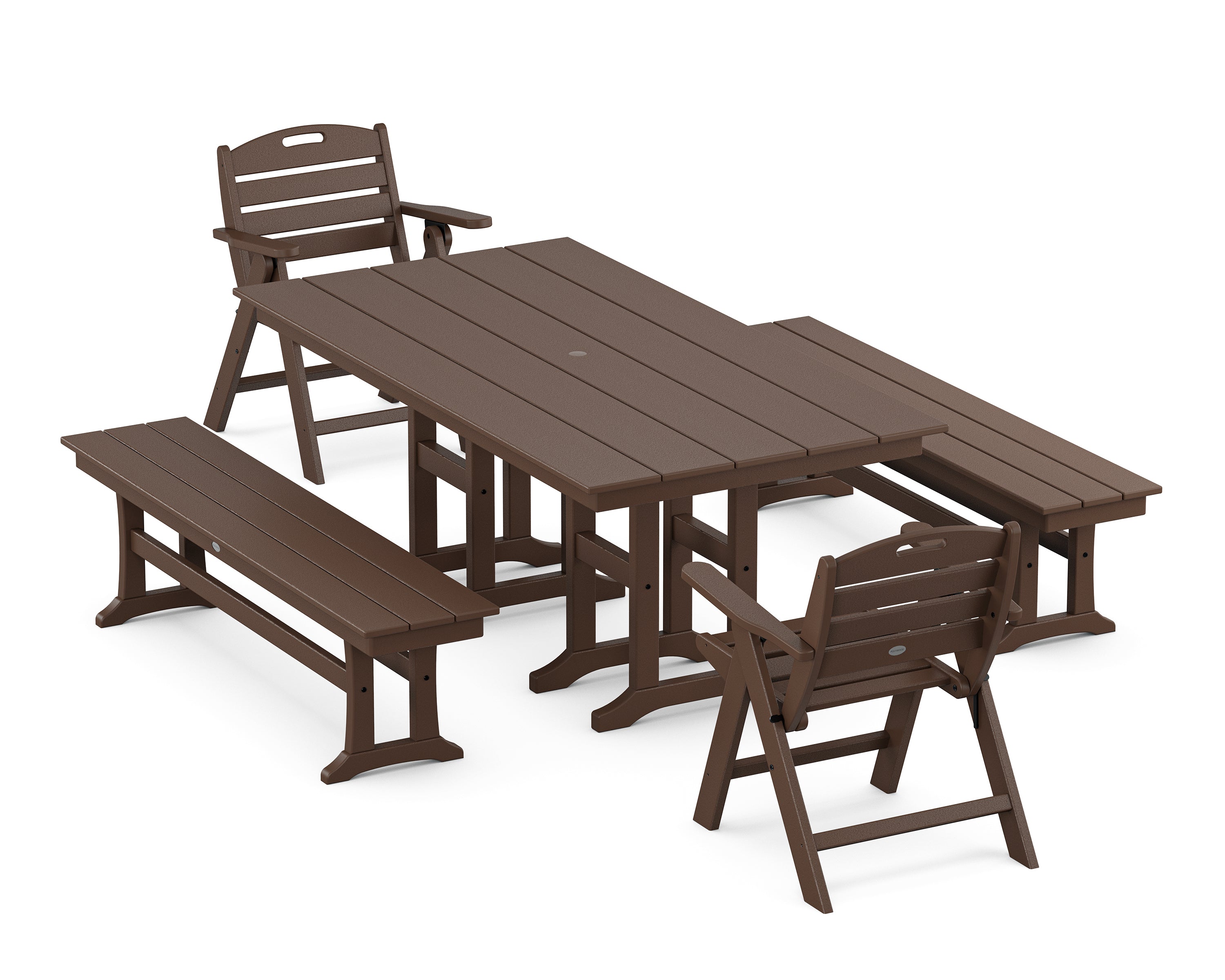 POLYWOOD Nautical Lowback 5-Piece Farmhouse Dining Set with Benches in Mahogany