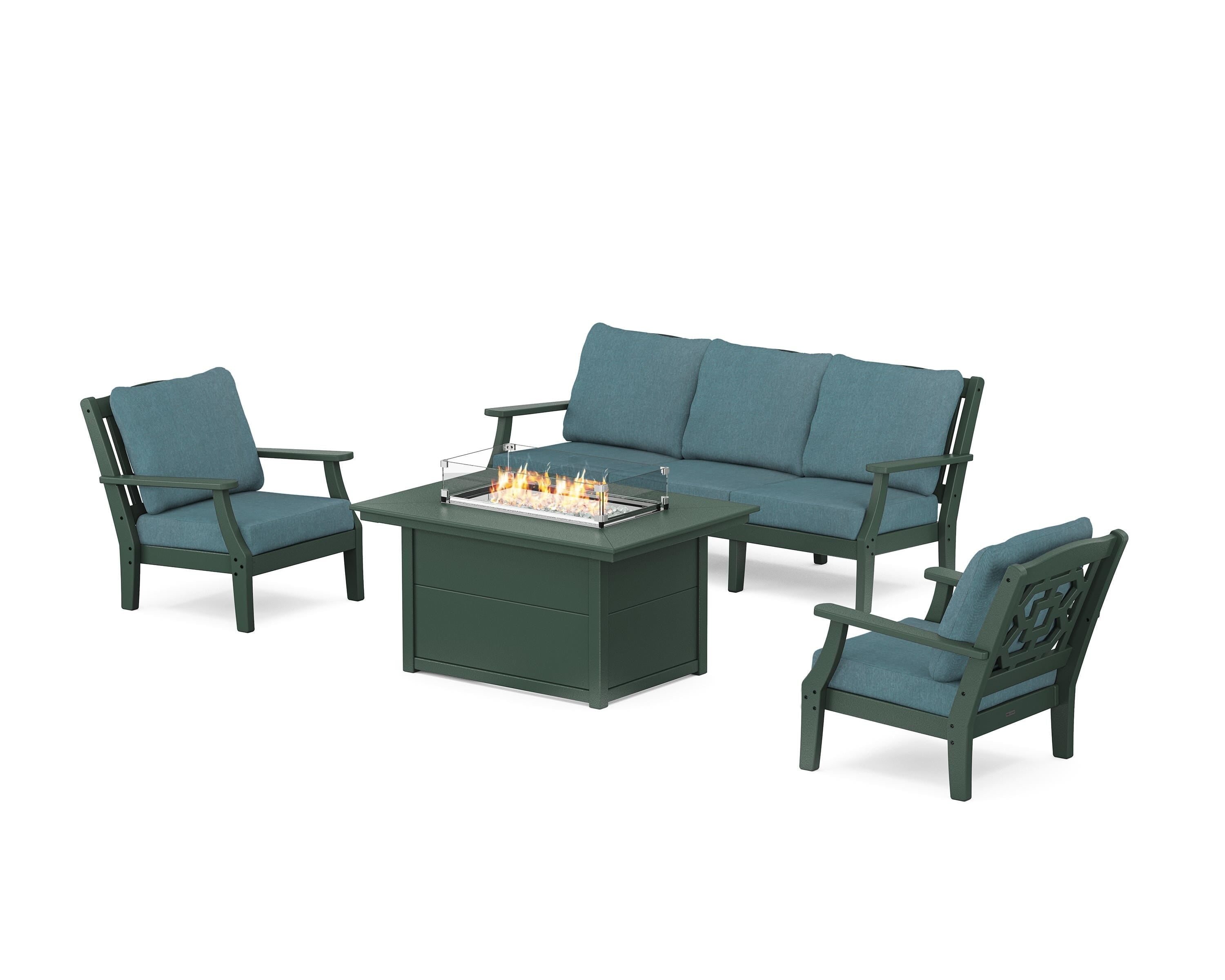 Martha Stewart by POLYWOOD Chinoiserie Deep Seating Fire Pit Table Set in Green / Ocean Teal