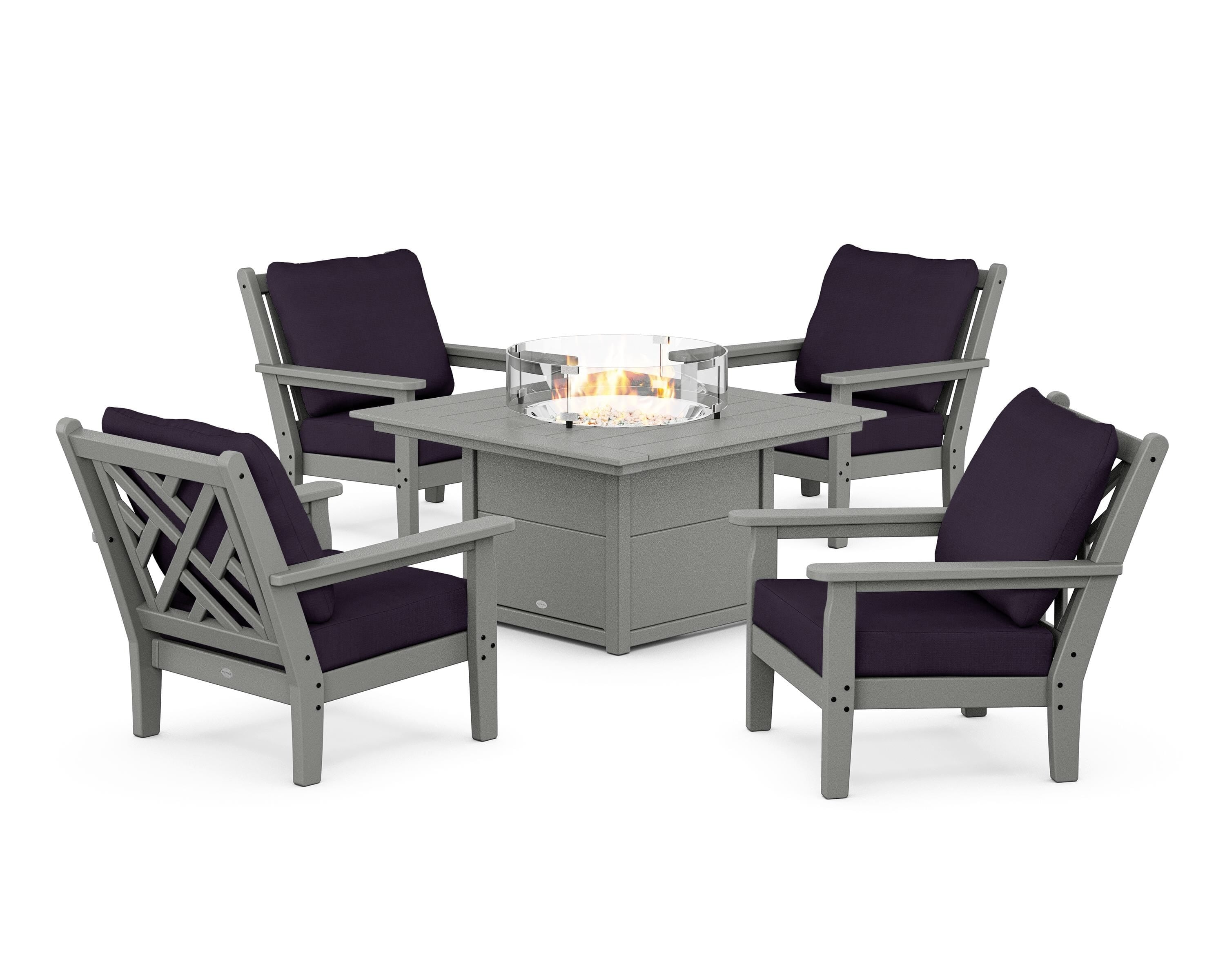 POLYWOOD Chippendale 5-Piece Deep Seating Set with Fire Pit Table in Slate Grey / Navy Linen