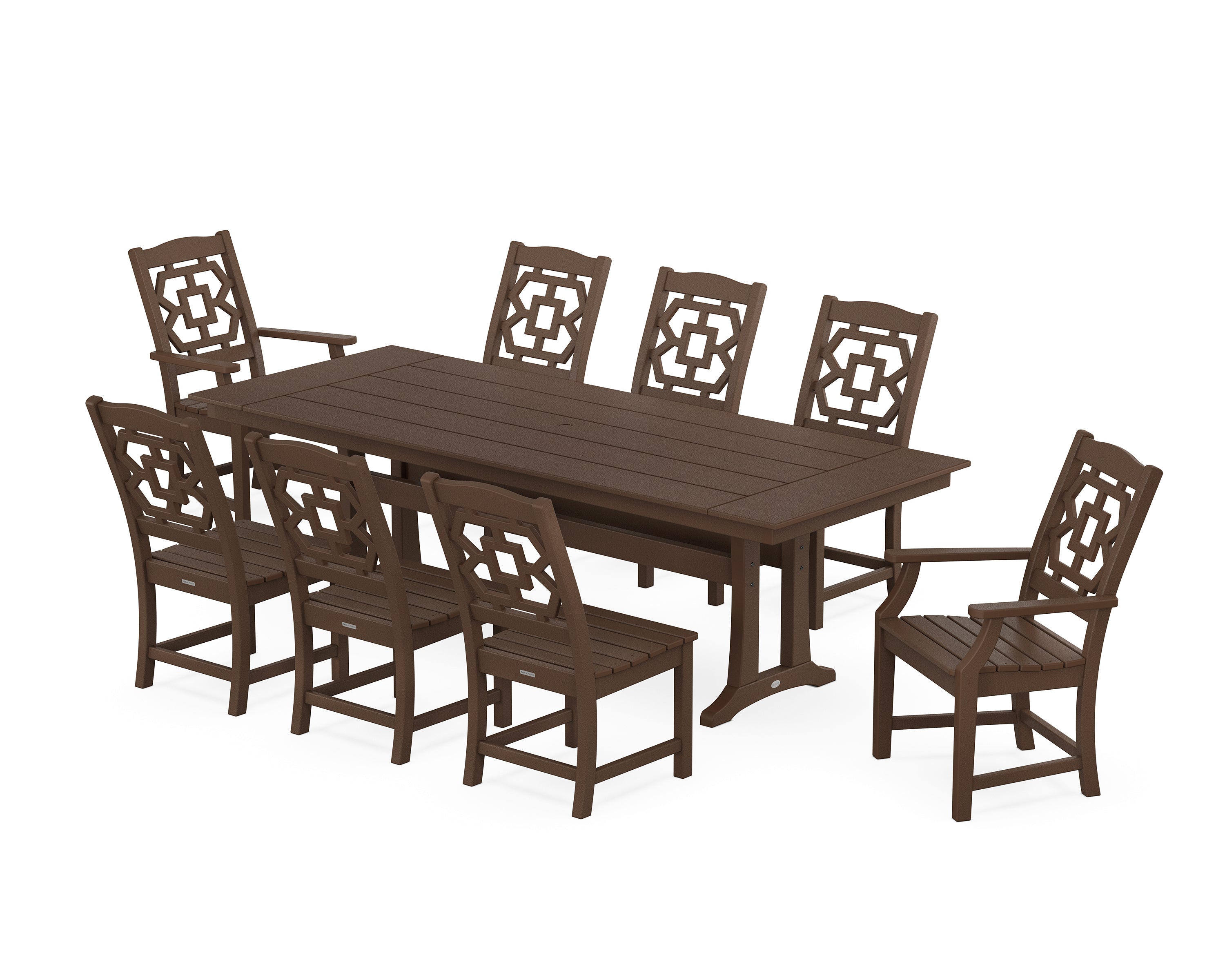 Martha Stewart by POLYWOOD® Chinoiserie 9-Piece Farmhouse Dining Set with Trestle Legs in Mahogany