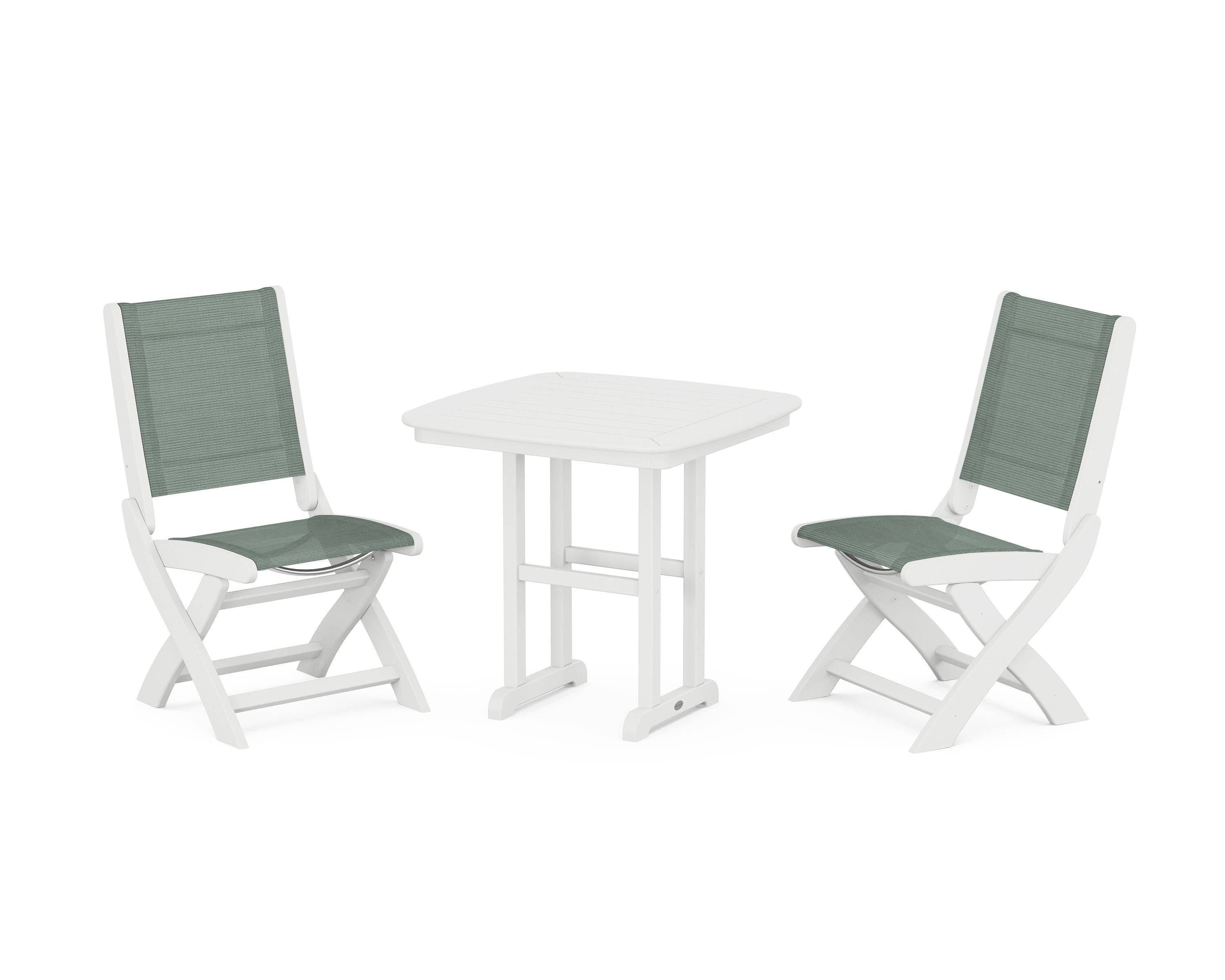 POLYWOOD Coastal Folding Side Chair 3-Piece Dining Set in White / Dupioni Sea Mist Sling
