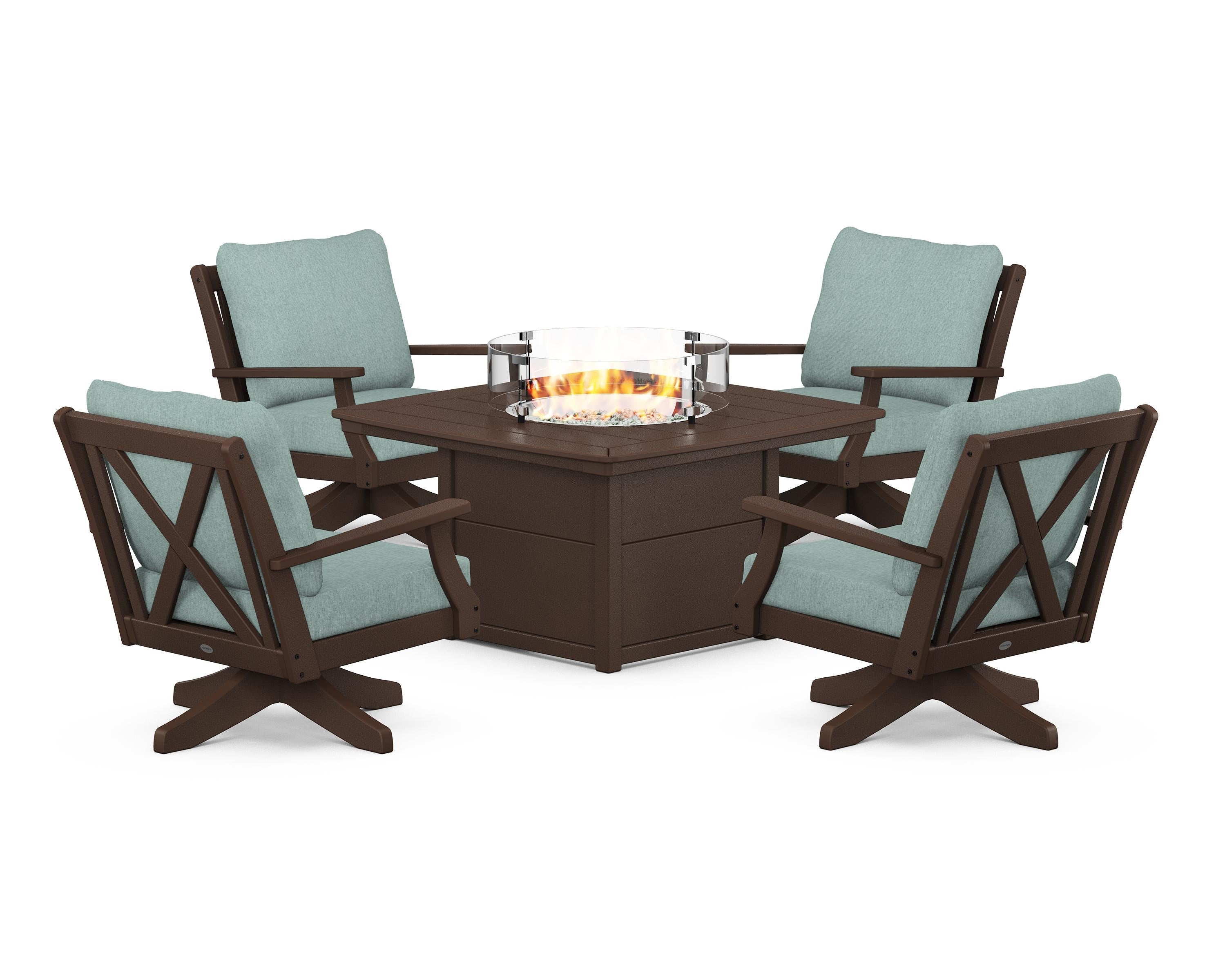 POLYWOOD Braxton 5-Piece Deep Seating Swivel Conversation Set with Fire Pit Table in Mahogany / Glacier Spa