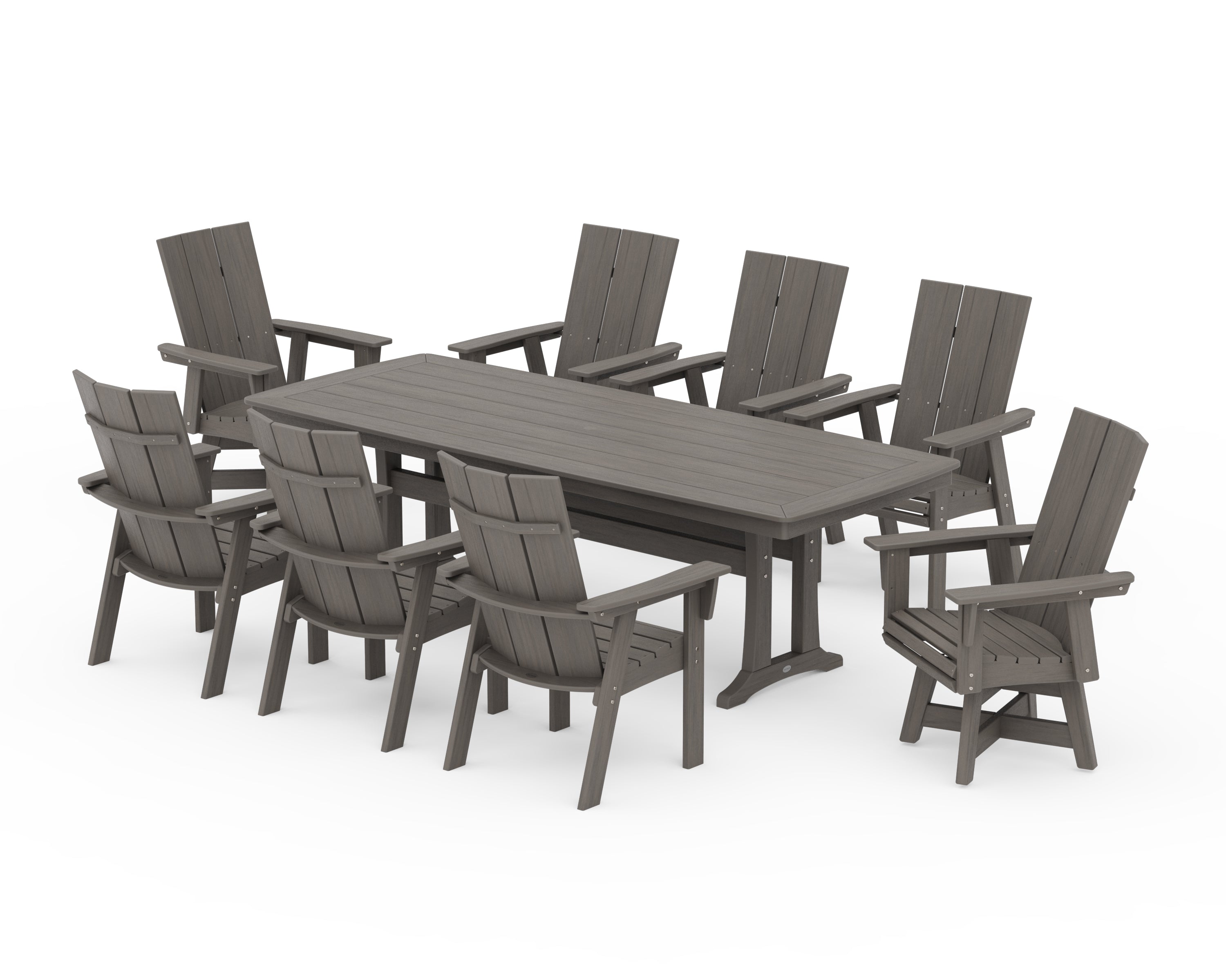 POLYWOOD Modern Curveback Adirondack Swivel 9-Piece Dining Set with Trestle Legs in Driftwood