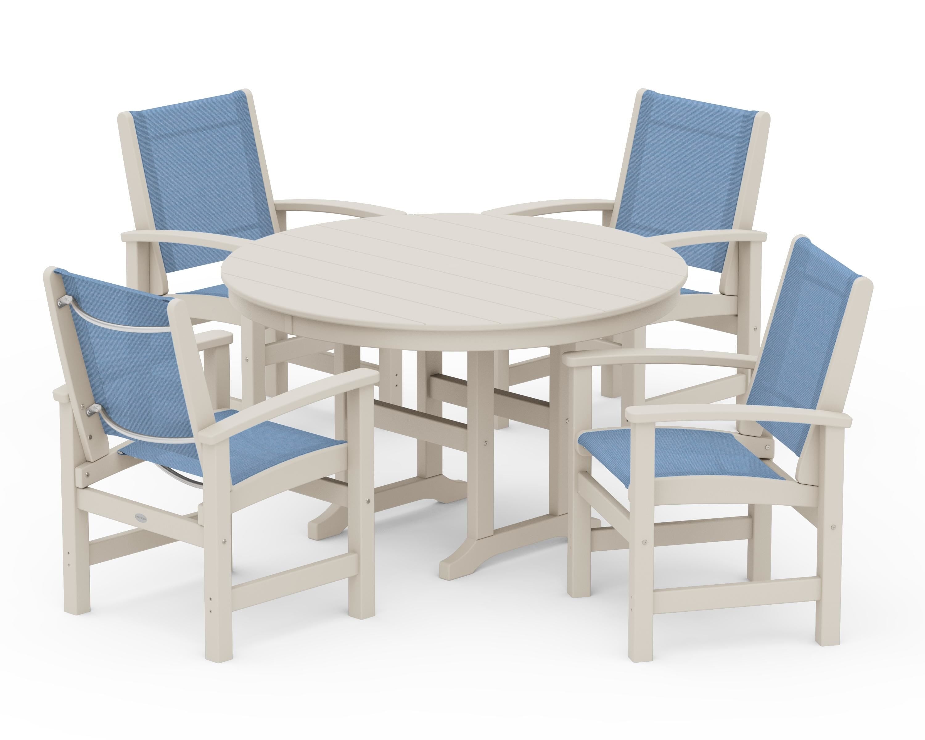POLYWOOD Coastal 5-Piece Round Farmhouse Dining Set in Sand / Poolside Sling