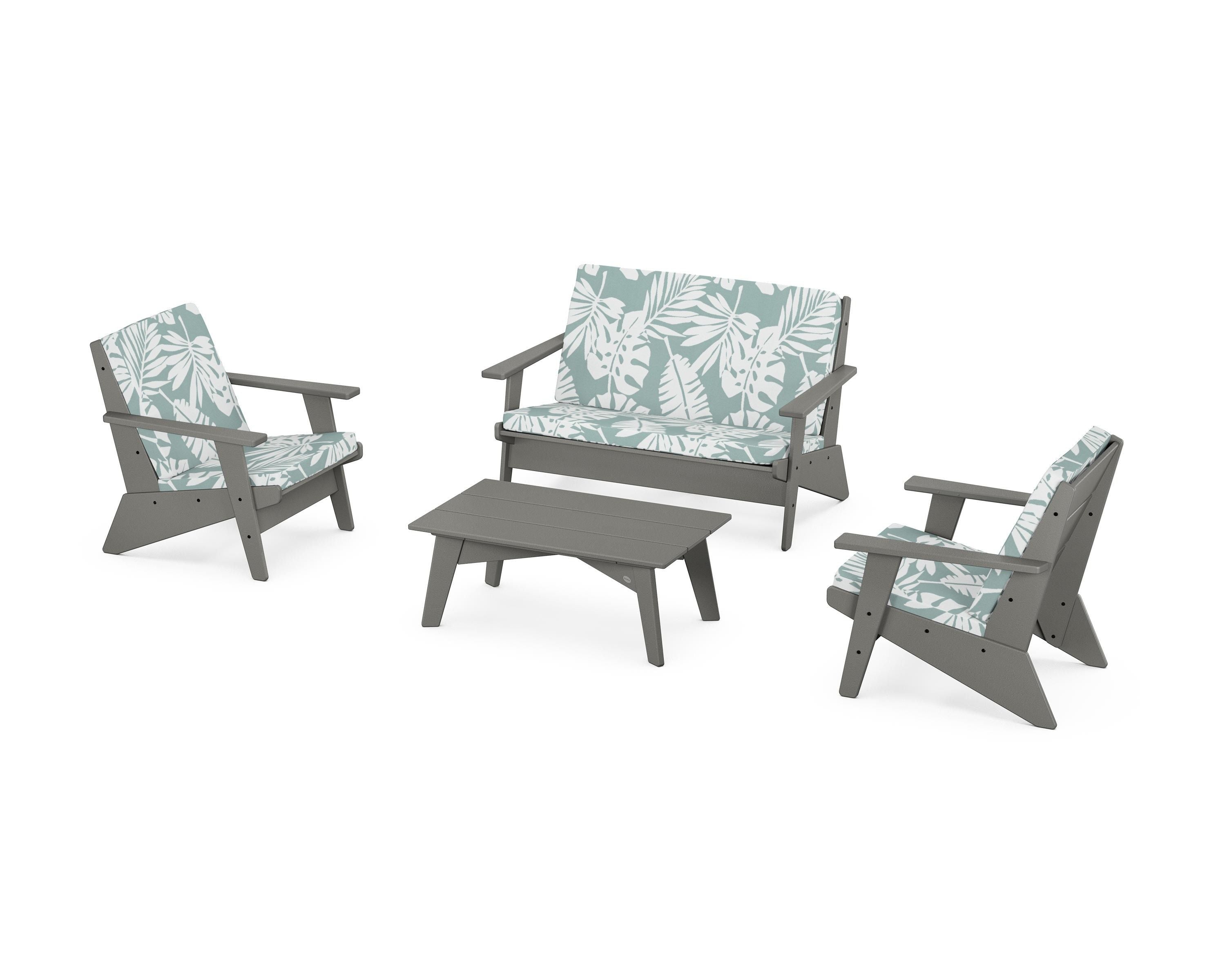 POLYWOOD Riviera Modern Lounge 4-Piece Set in Slate Grey / Leaf Glacier Spa