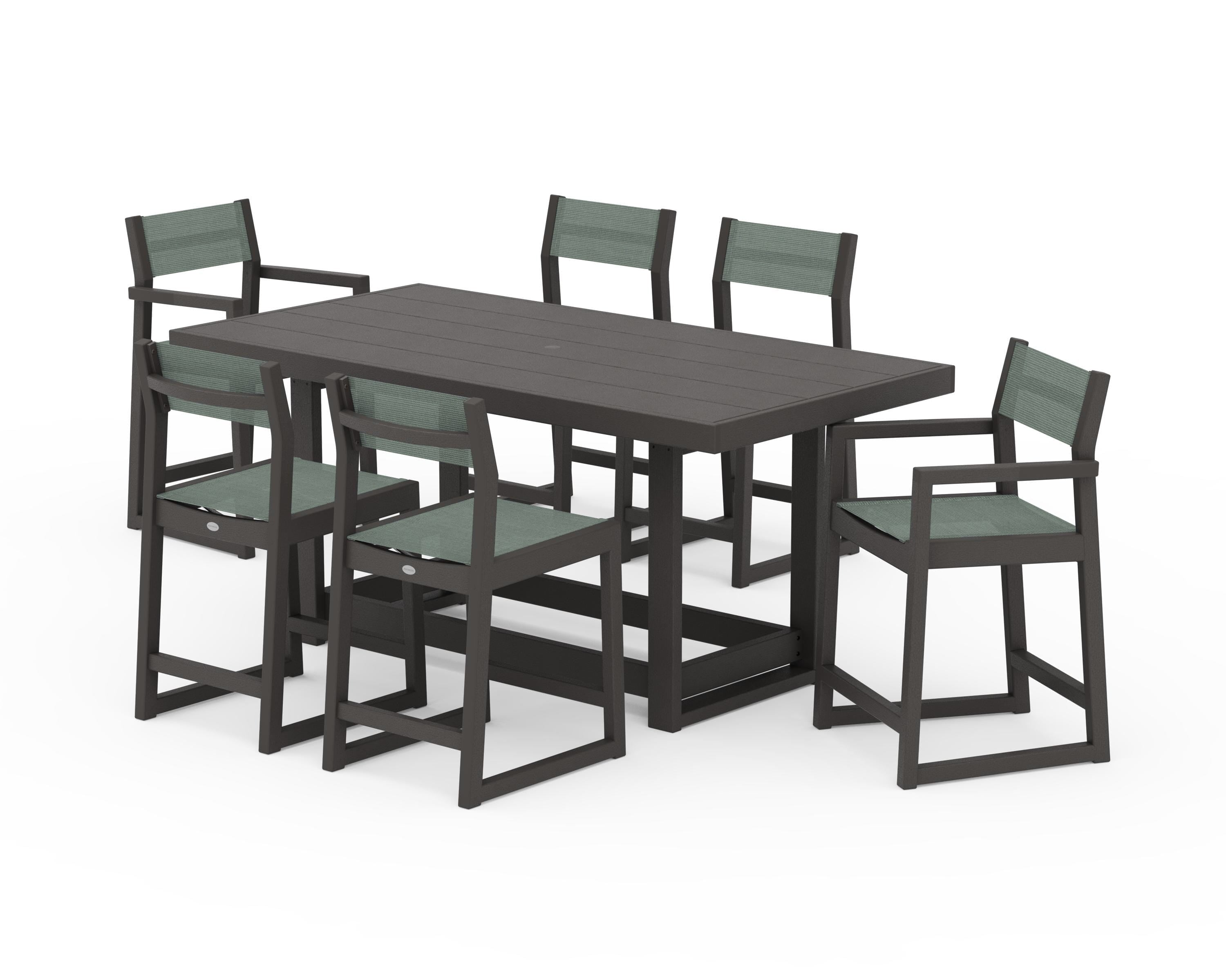 POLYWOOD EDGE Sling 7-Piece Counter Table Set in Vintage Coffee / Dupioni Sea Mist Sling