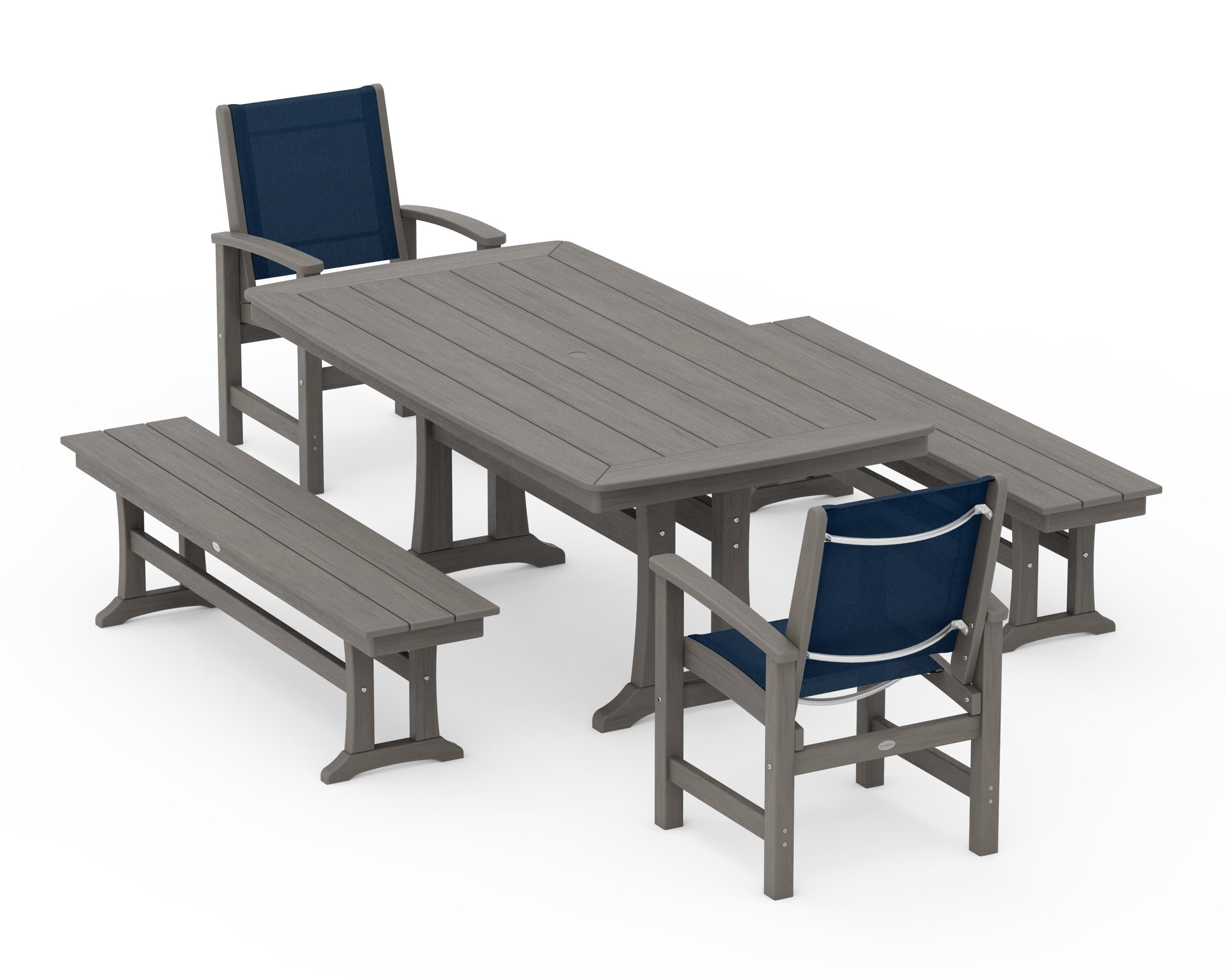 POLYWOOD Coastal 5-Piece Dining Set with Trestle Legs and Benches in Driftwood / Navy Blue Sling