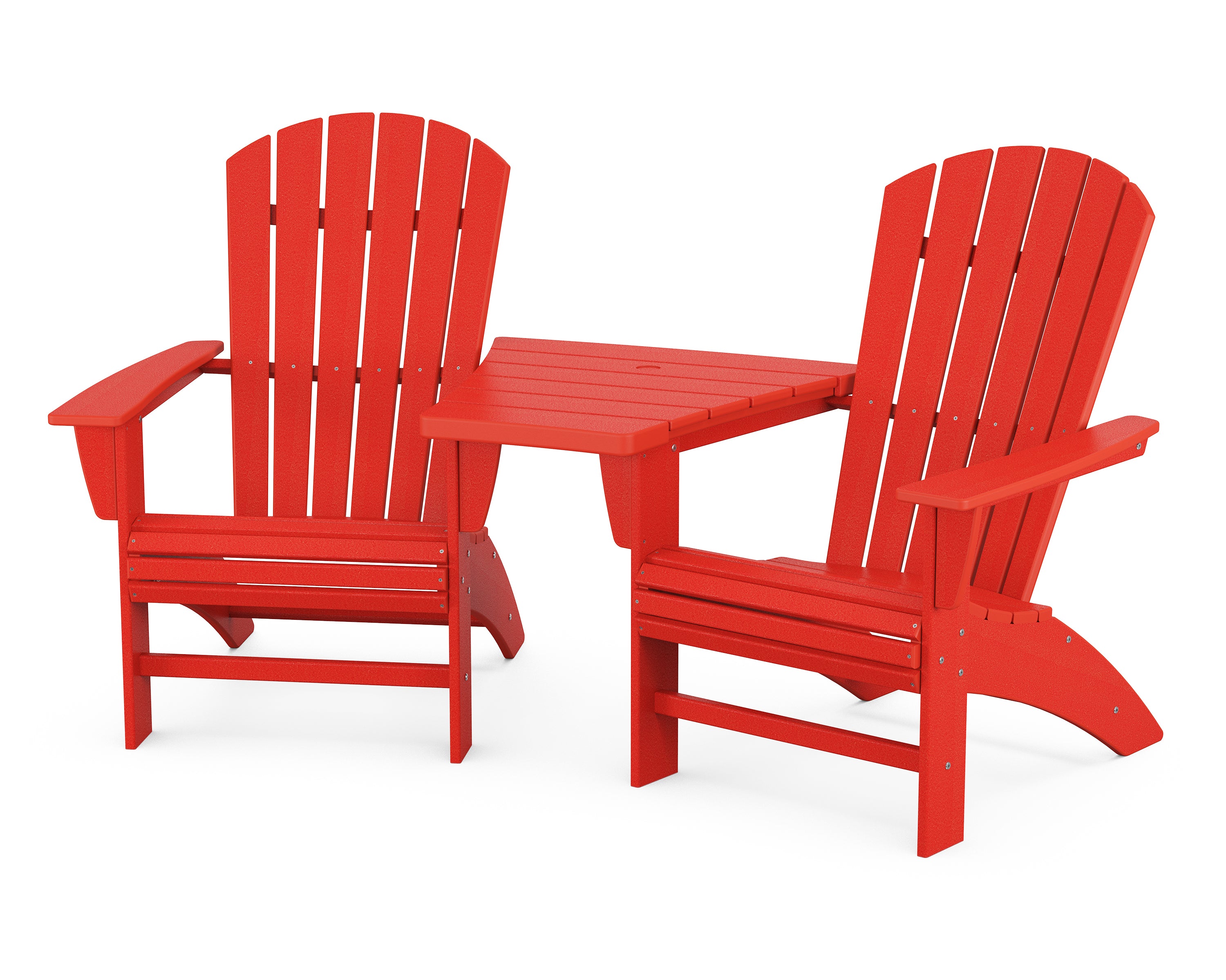 POLYWOOD® Nautical 3-Piece Curveback Adirondack Set with Angled Connecting Table in Sunset Red